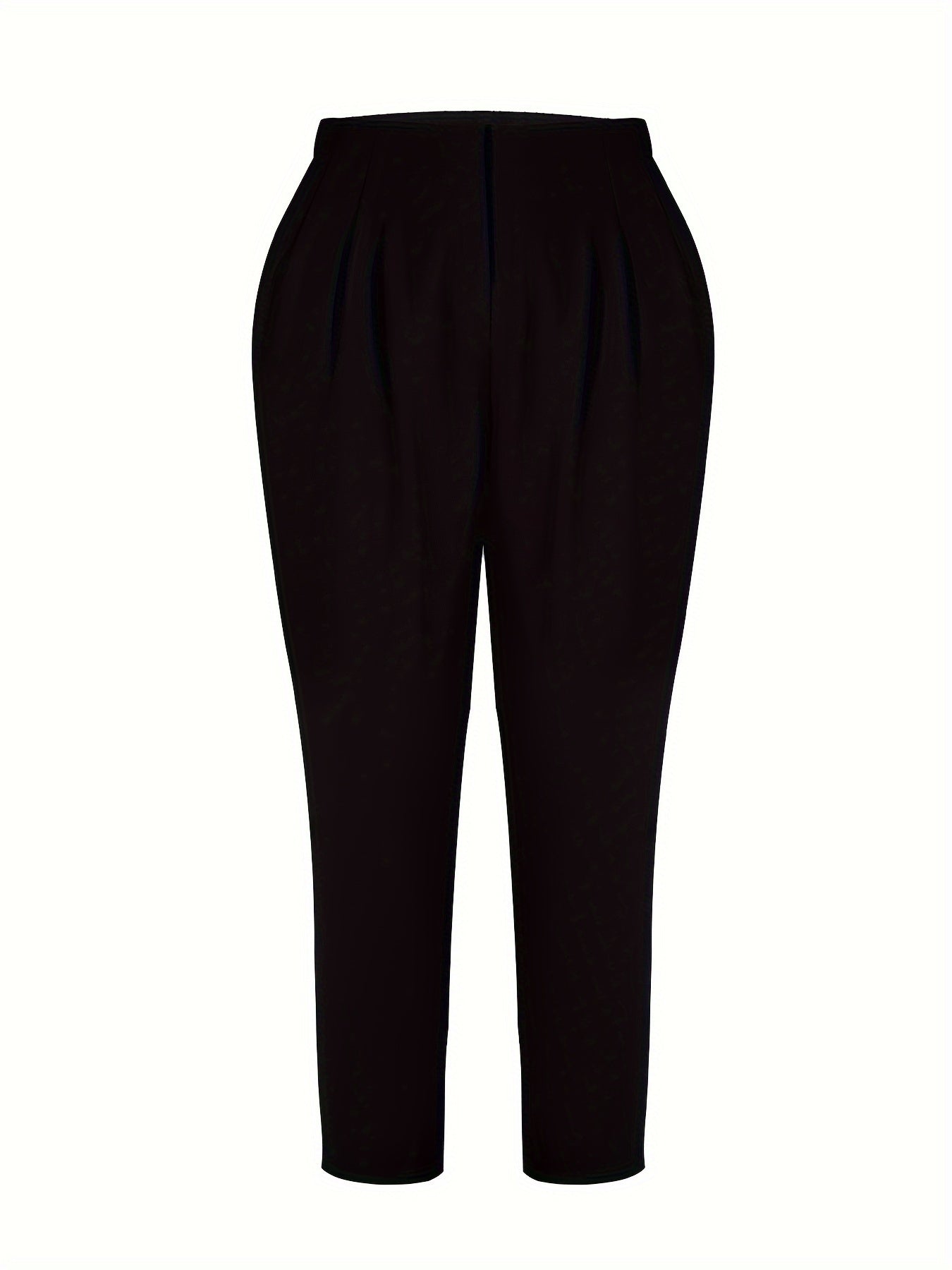 Plus Size Business Casual Pants, Women's Plus Solid Plicated Detail High Rise Tapered Leg Trousers
