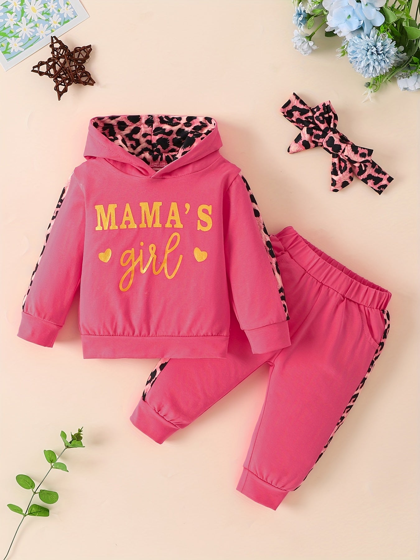 3pcs Baby Girls Casual  Hoodie Set, Leopard Print Long Sleeve Hooded Sweatshirt & Pants & Headband Set