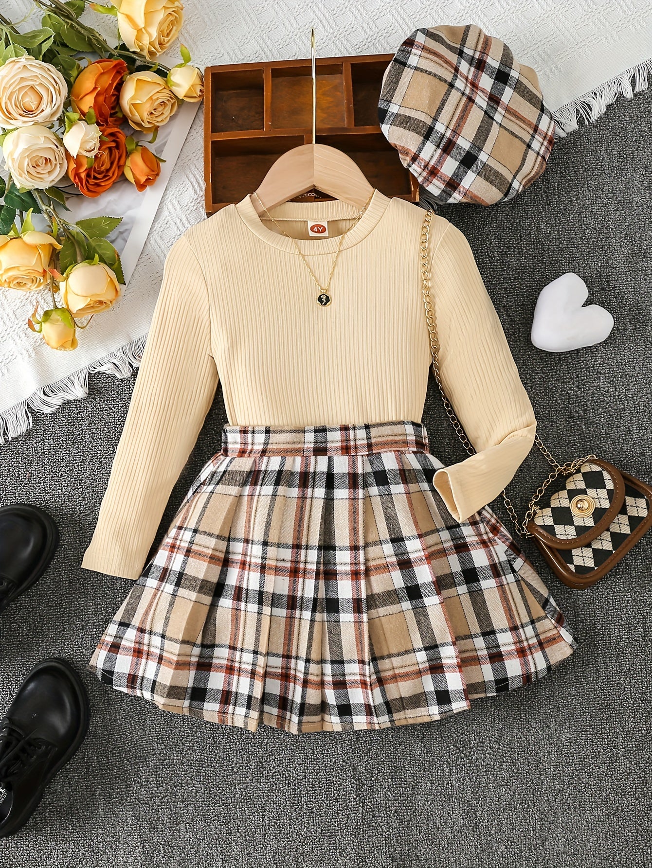 Girls 3pcs Ribbed Knit Long Sleeve Top & Plaid Pleated Skirt & Plaid Beret Set Kids Clothes For Party, Gift