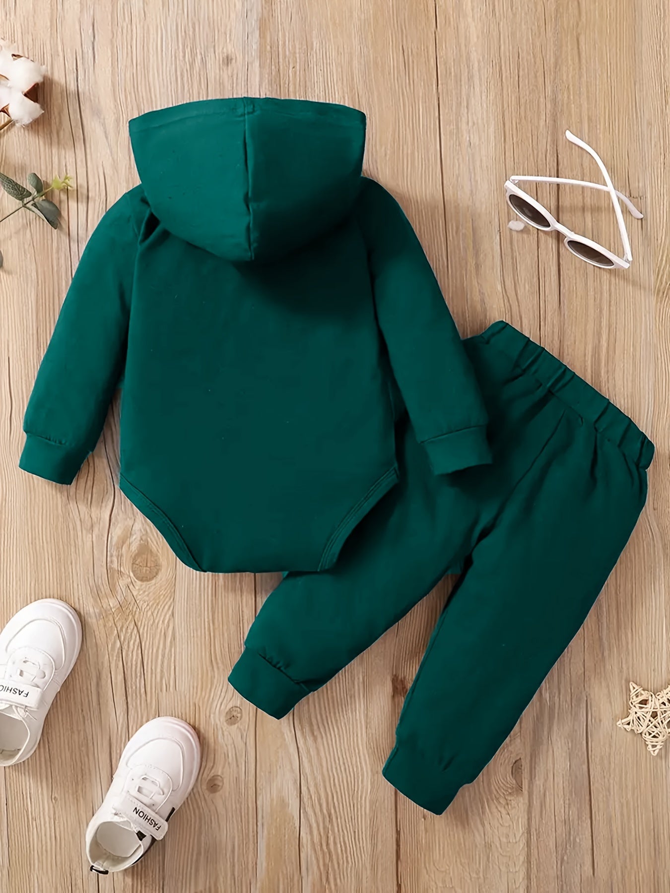 Trendy Hooded Long-sleeved Letter Print Bodysuit + Trousers Set, Baby Boy's Spring And Autumn Outfit