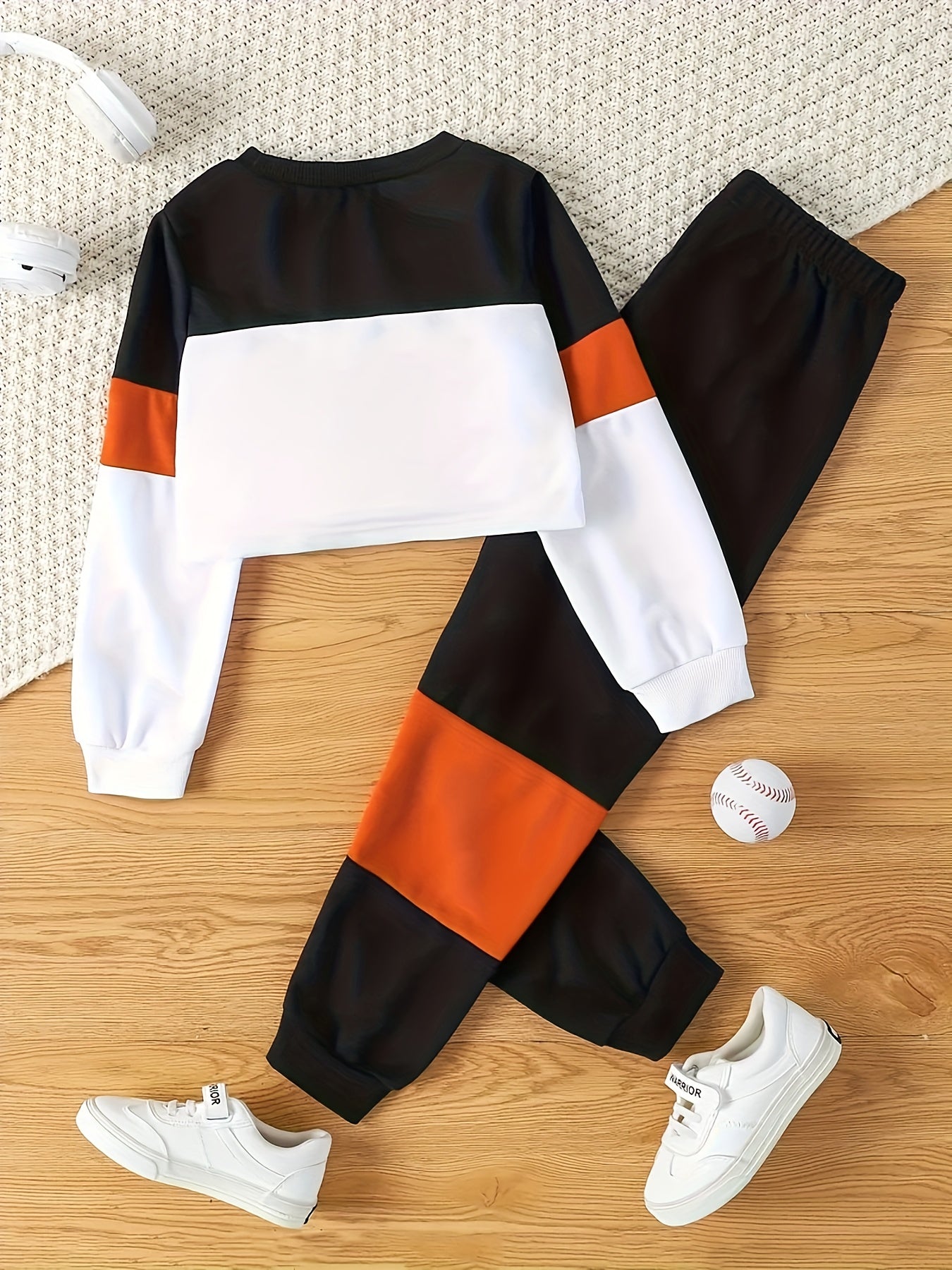 Alphabet Print Trendy Girls Color Block Long Sleeve Sweatshirt & Sports Pants Set, Girls Casual Outfit For Spring Fall