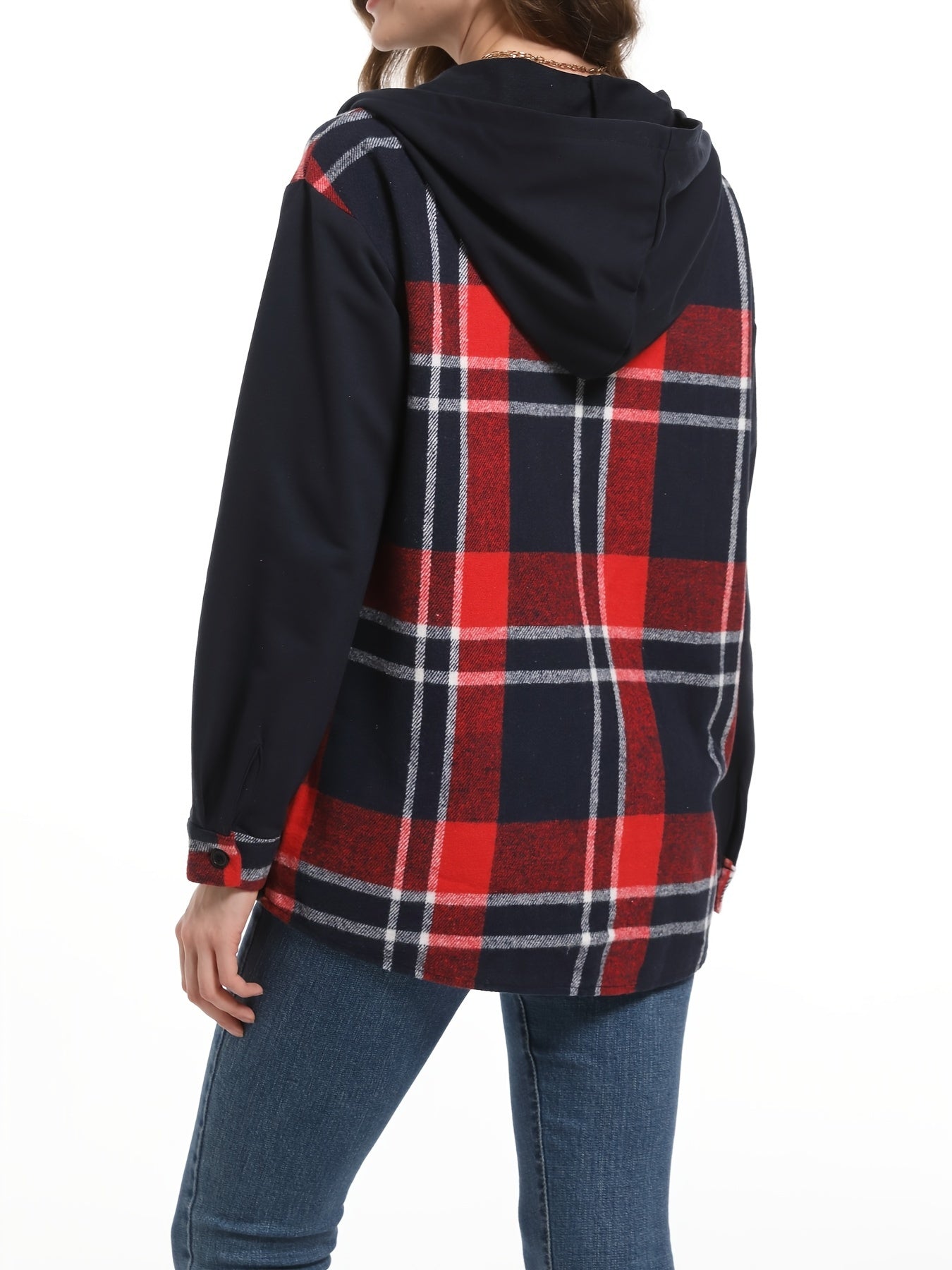 Plaid Print Hooded Jacket, Casual Button Front Long Sleeve Outerwear, Women's Clothing