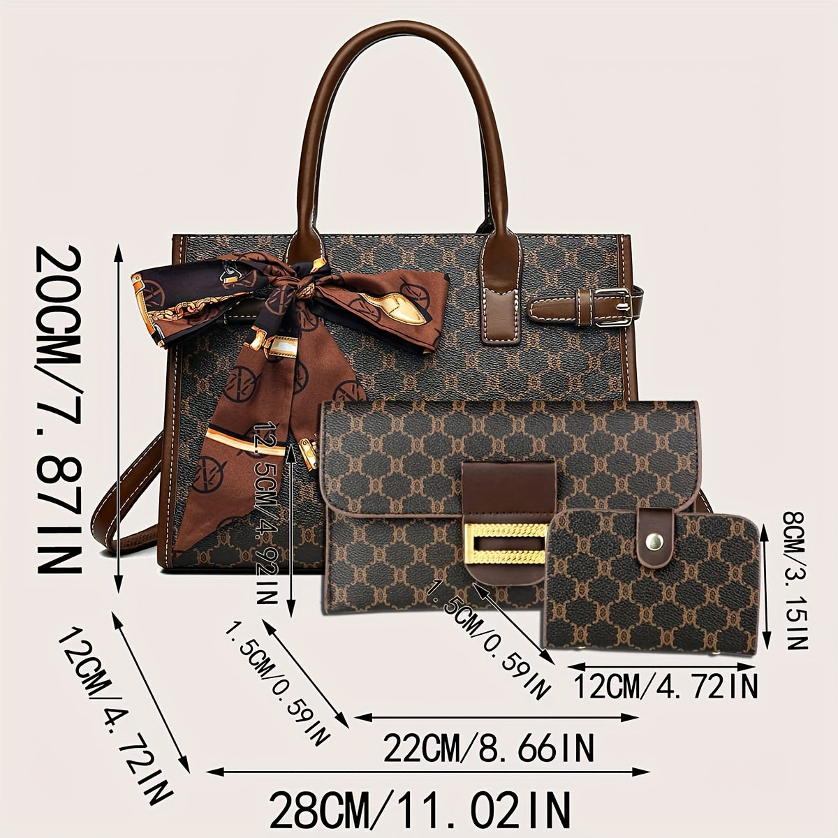 Women's 3 Pcs Classic Elegant Bag Set : Retro Geometric Pattern Tote Bag With Scarf Decor, Buckle Decor Square Purse & Credit Card Case