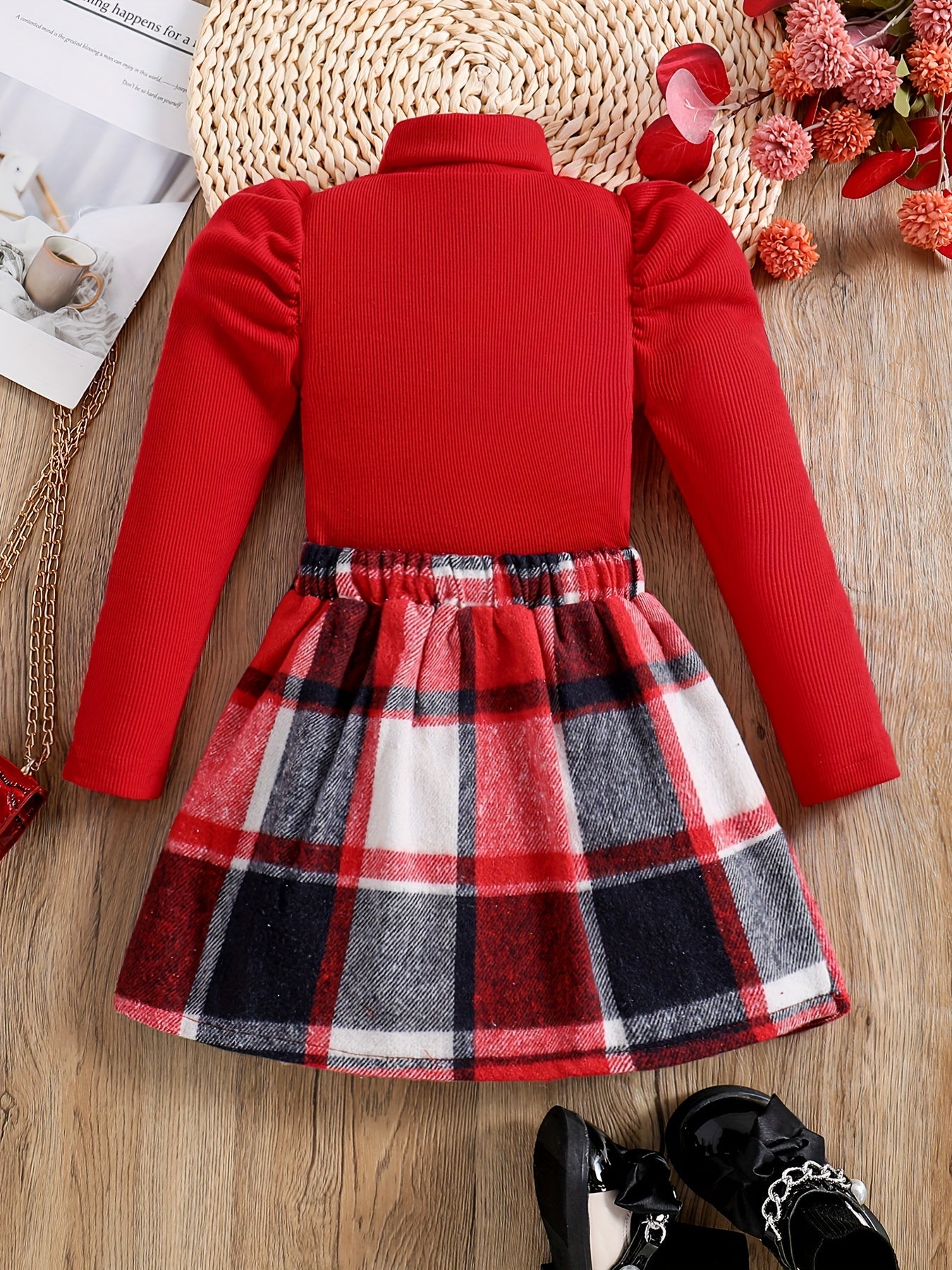 2pcs Girl's Elegant Outfit, Turtleneck Top & Plaid Pattern Skirt Set, Kid's Clothes For Spring Autumn Winter, Gift For New Year