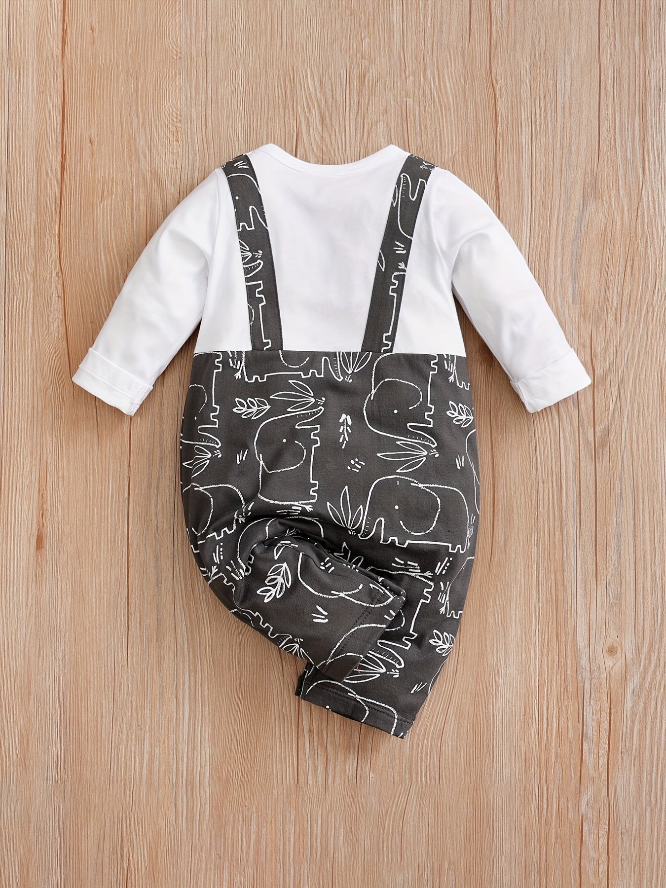 Baby Boys Cute Elephant Graphic Jumpsuits, Long Sleeve Fake Two-piece Rompers