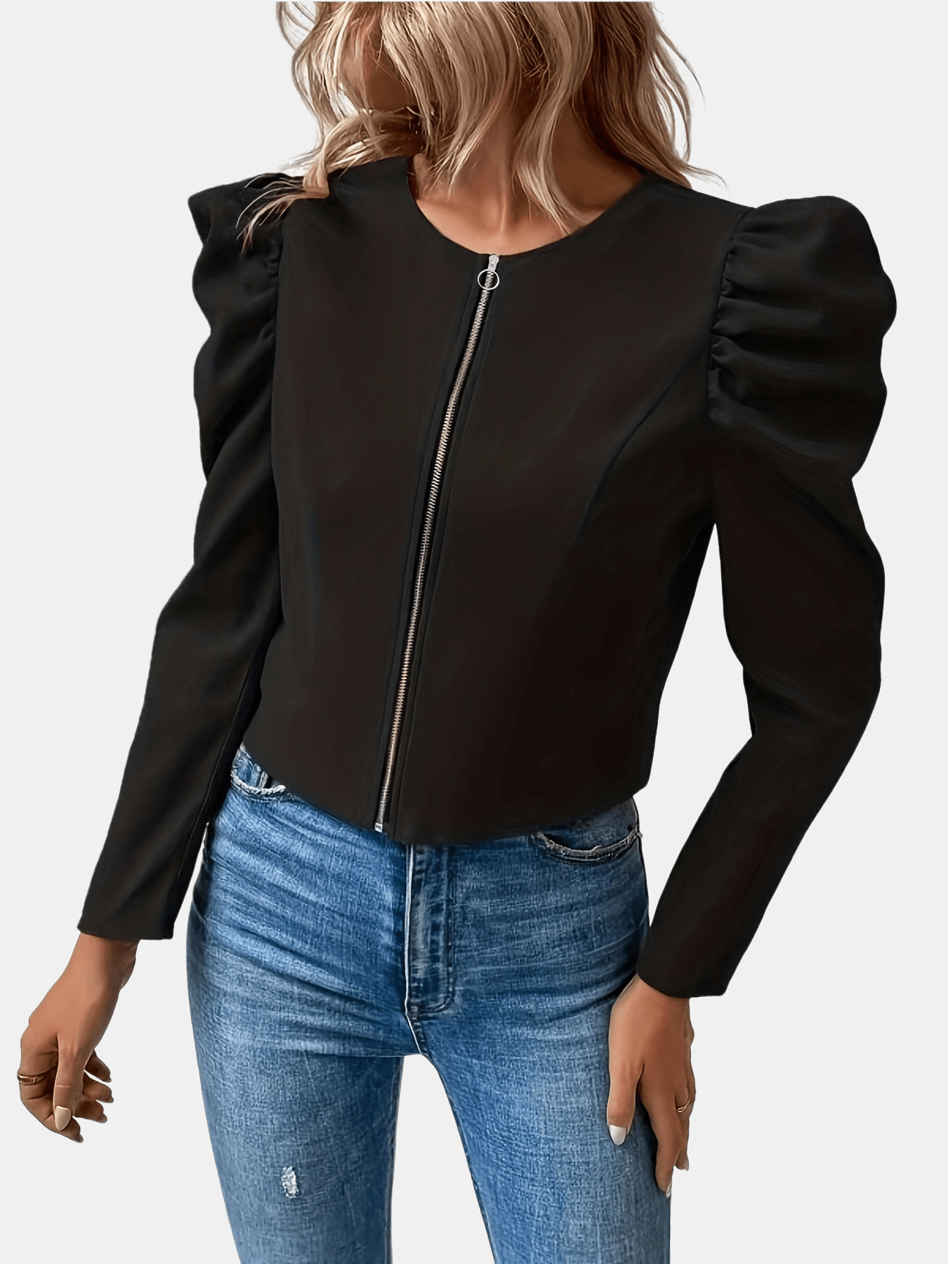 Zip Up Puff Sleeve Jacket, Elegant Solid Versatile Outerwear, Women's Clothing