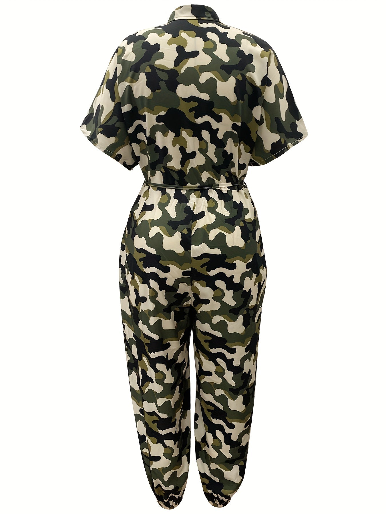 Plus Size Casual Jumpsuit, Women's Plus Camo Print Button Up Turn Down Collar Short Sleeve Tapered Leg Jumpsuit With Belt