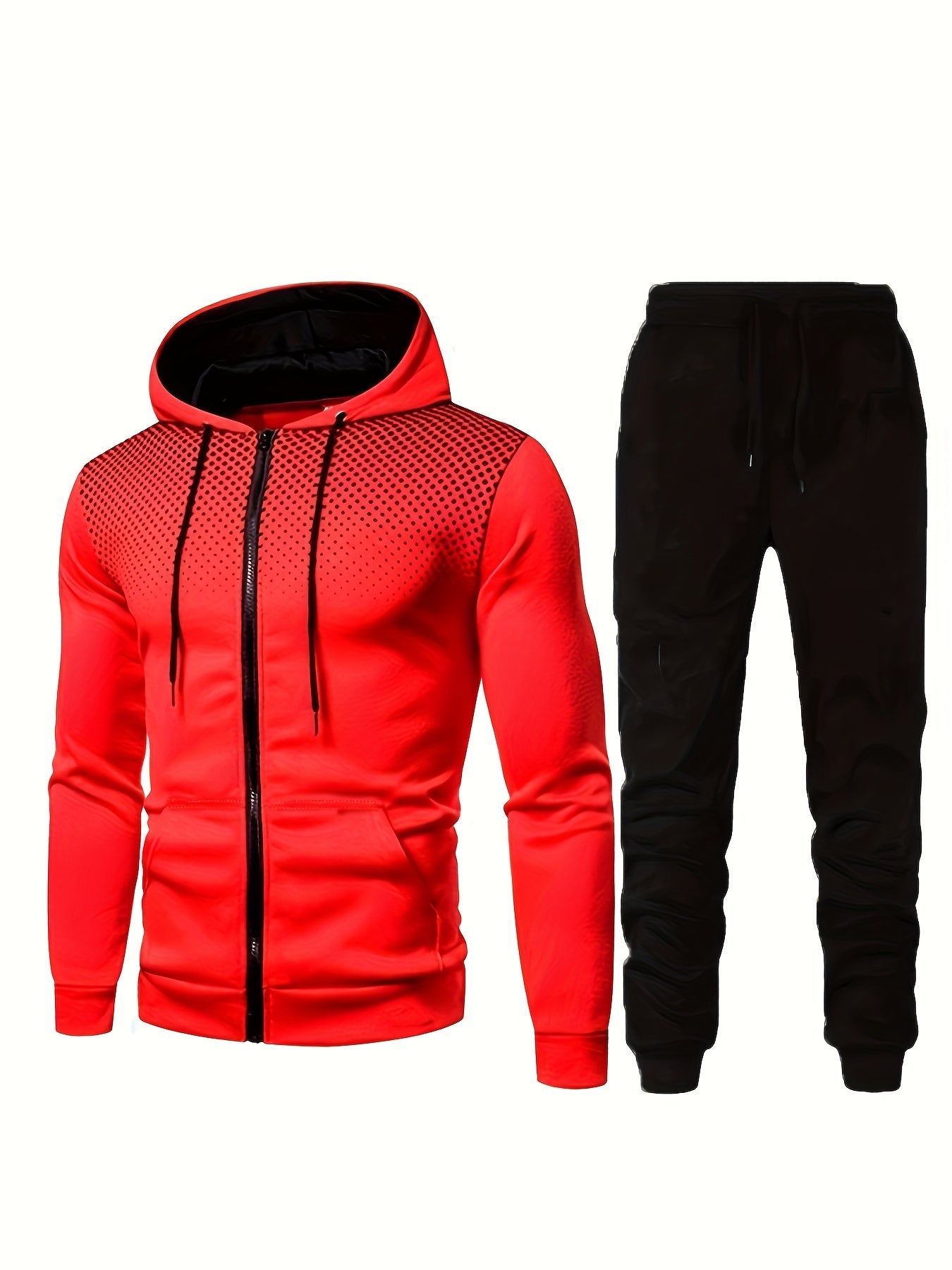 Casual Two Piece Set, Men's Graphic Zip Up Hooded Athletic Jacket & Drawstring Joggers Matching Set For Spring Fall Fitness Outdoor Activities