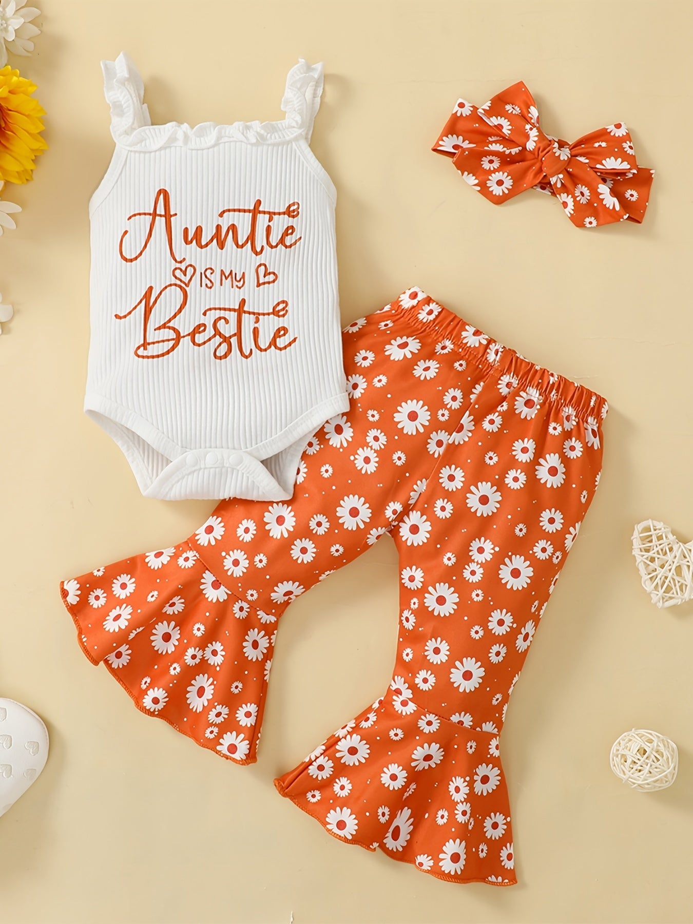 Girls AUNTIE IS MY BESTIE Letter Print Cami Romper + Floral Print Flared Pants + Headband Set, Trendy Baby Clothes