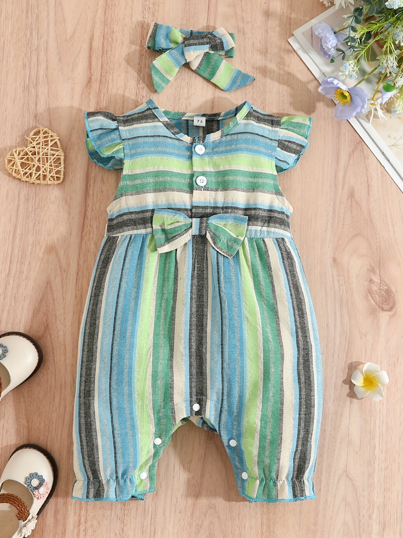 Baby Girls Cute Casual Striped Ruffled Romper With Bow Decoration & Bow Headband Set For Summer