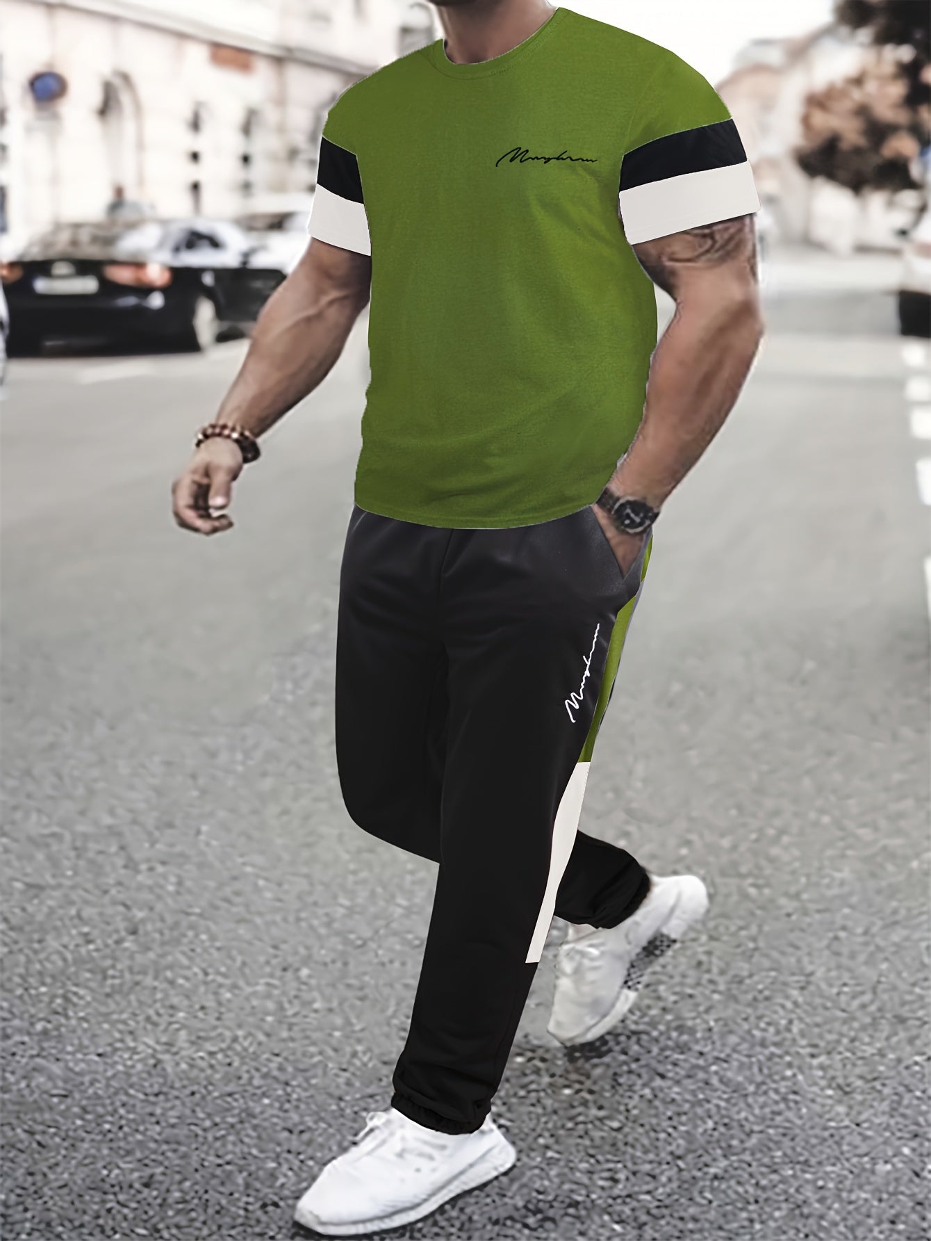 Men's Colorblock Casual T-shirt Outfit Set, 2 Pieces Round Neck Short Sleeve Tees And Drawstring Long Pants