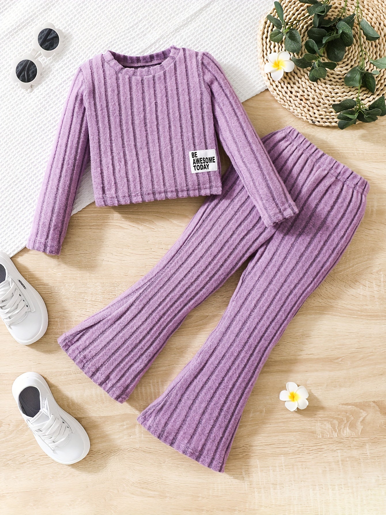 Girl's Solid Color Ribbed Outfit 2pcs, Long Sleeve Top & Flared Pants Set, BE AWESOME TODAY Pattern Kid's Clothes For Spring Fall