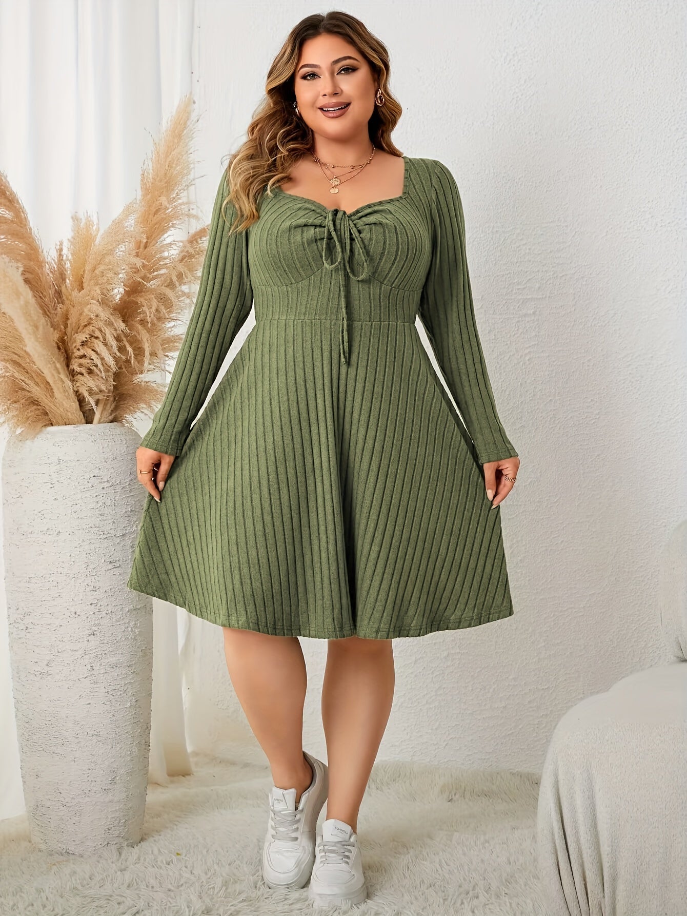 Plus Size Casual Dress, Women's Plus Solid Ribbed Ruched Tie Front Long Sleeve V Neck Knee Length Dress