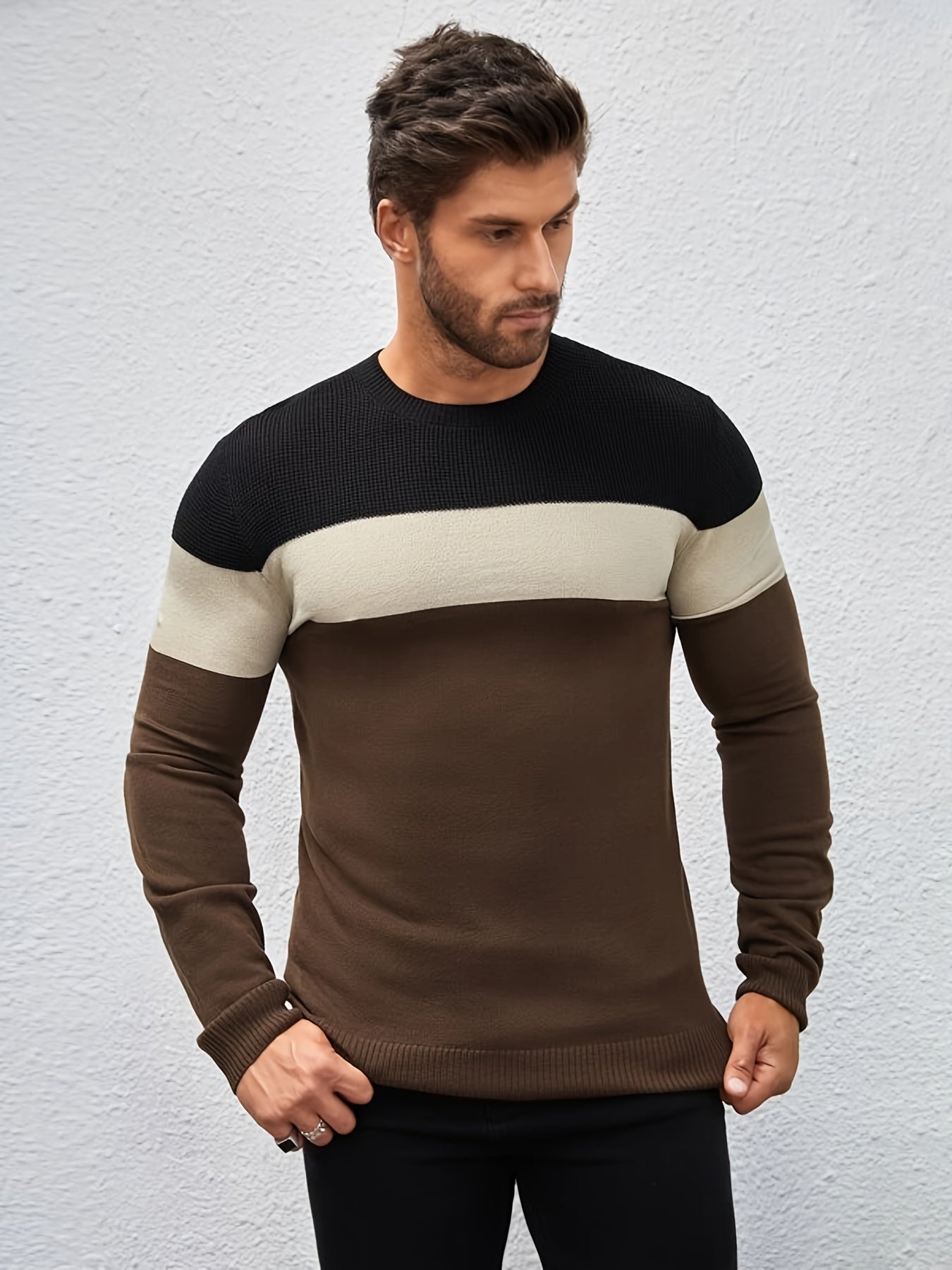 All Match Knitted Color Block Sweater, Men's Casual Warm High Stretch Crew Neck Pullover Sweater For Men Fall Winter