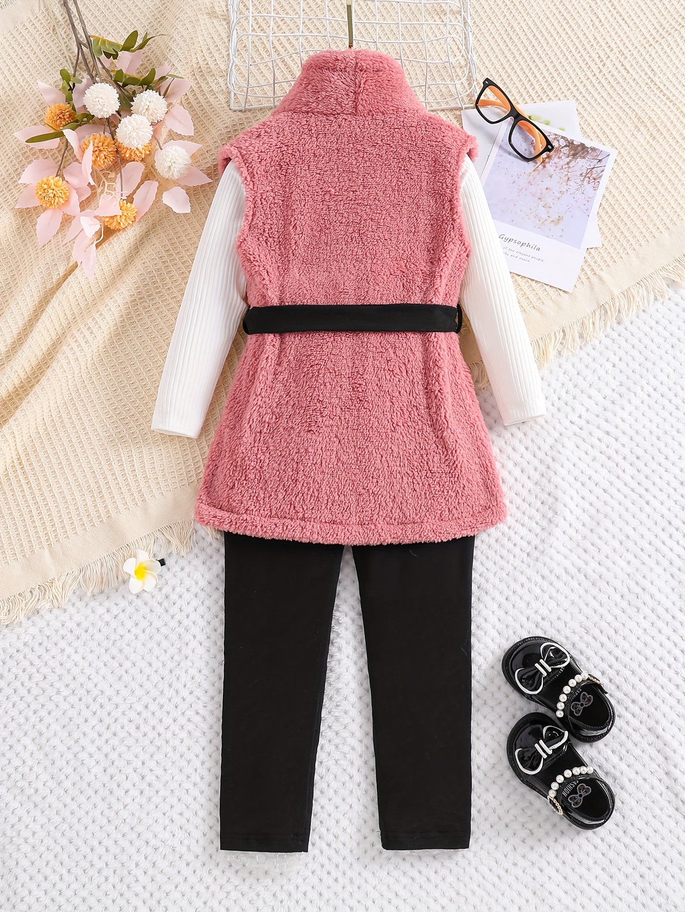 Comfy 3pcs Girls, Sleeveless Plush Jacket With Bow Belt + Pullover + Pants Set Kids Clothes For Spring Fall Christmas Gift