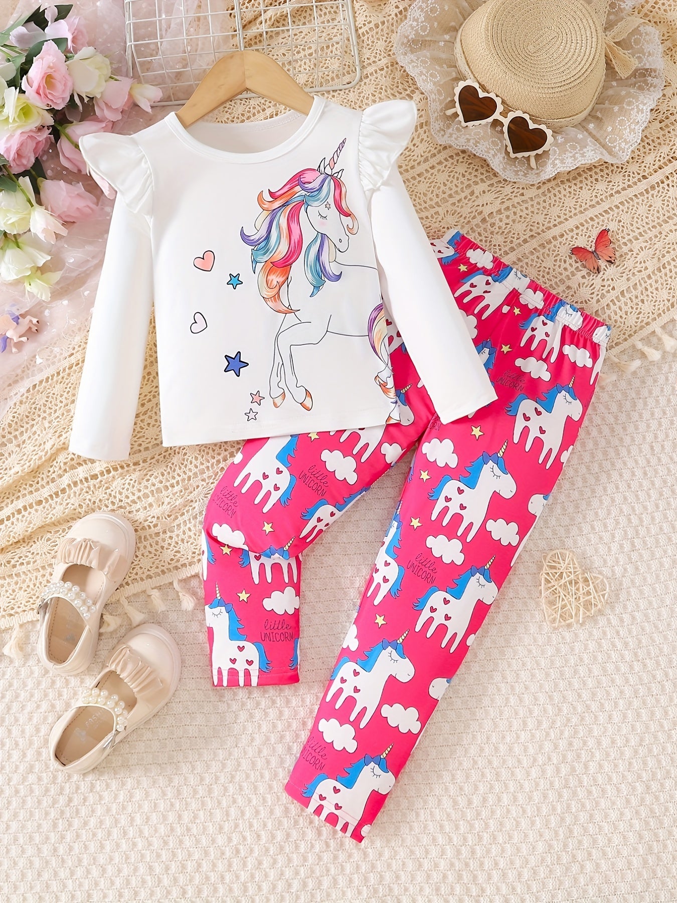 Toddler Girl's 2pcs, Long Sleeve Top & Pants Set, Unicorn Starfish Print Ruffle Decor Casual Outfits, Kids Clothes For Spring Fall