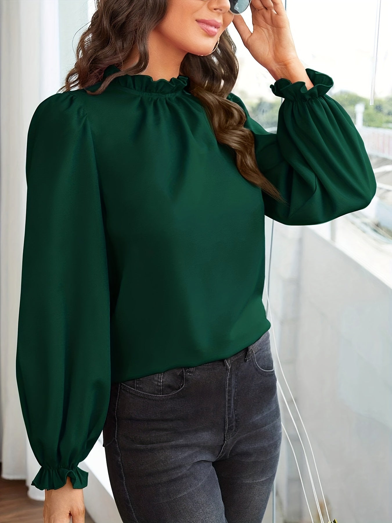 Solid Keyhole Blouse, Casual Lettuce Trim Long Sleeve Simple Blouse, Women's Clothing