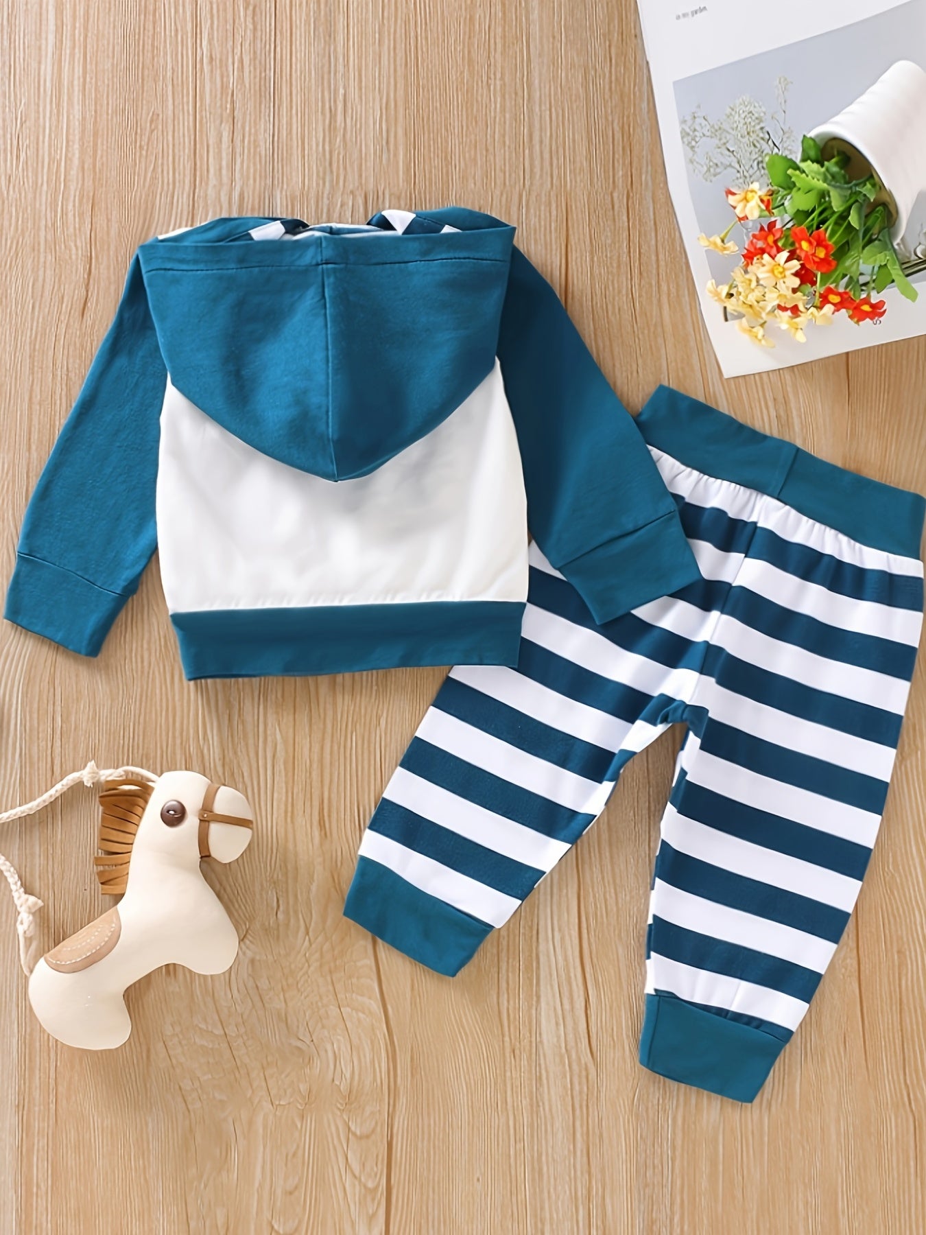 2pcs Baby Boys Elephant Long Sleeve Hoodie & Striped Pants Set Clothes