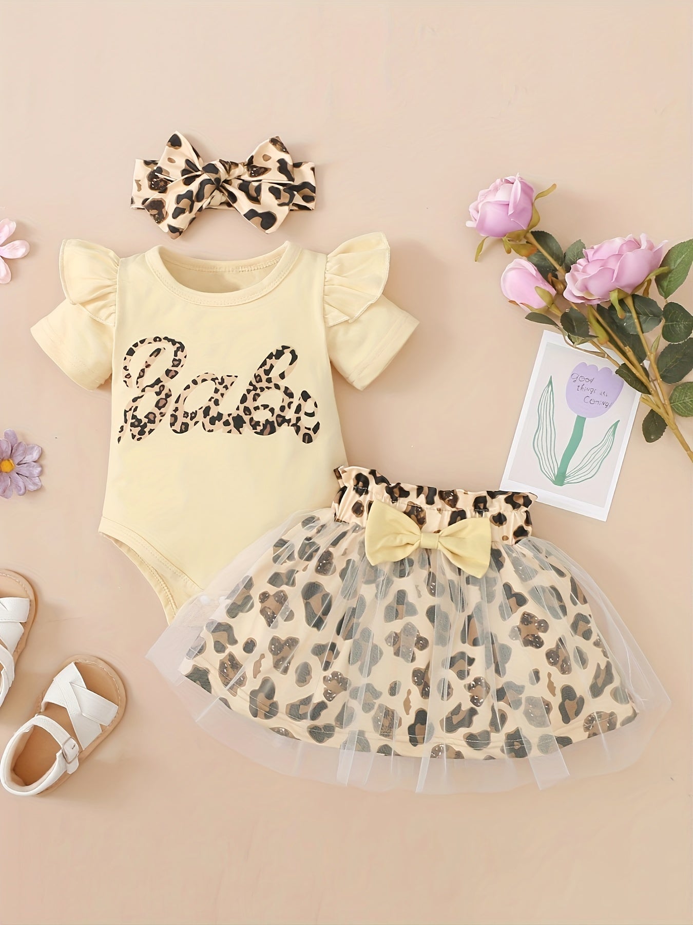 Baby Girls Cotton Ruffle Short Sleeve Bodysuit + Matching Mesh Skirts + Headband With Leopard Print Baby Clothes