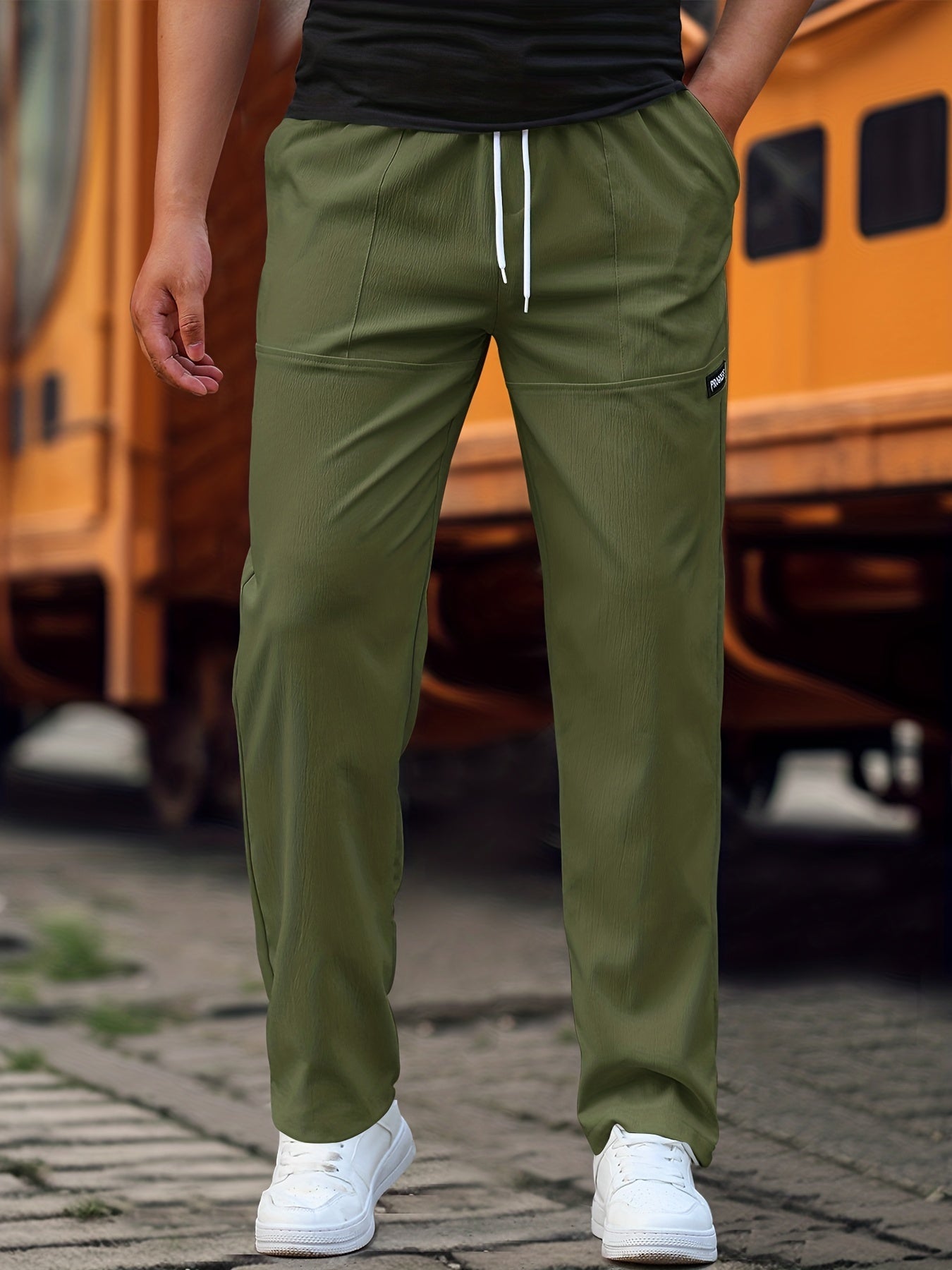 Men's Straight Leg Casual Work Pants, Classic Design Waist Drawstring Joggers For Fitness