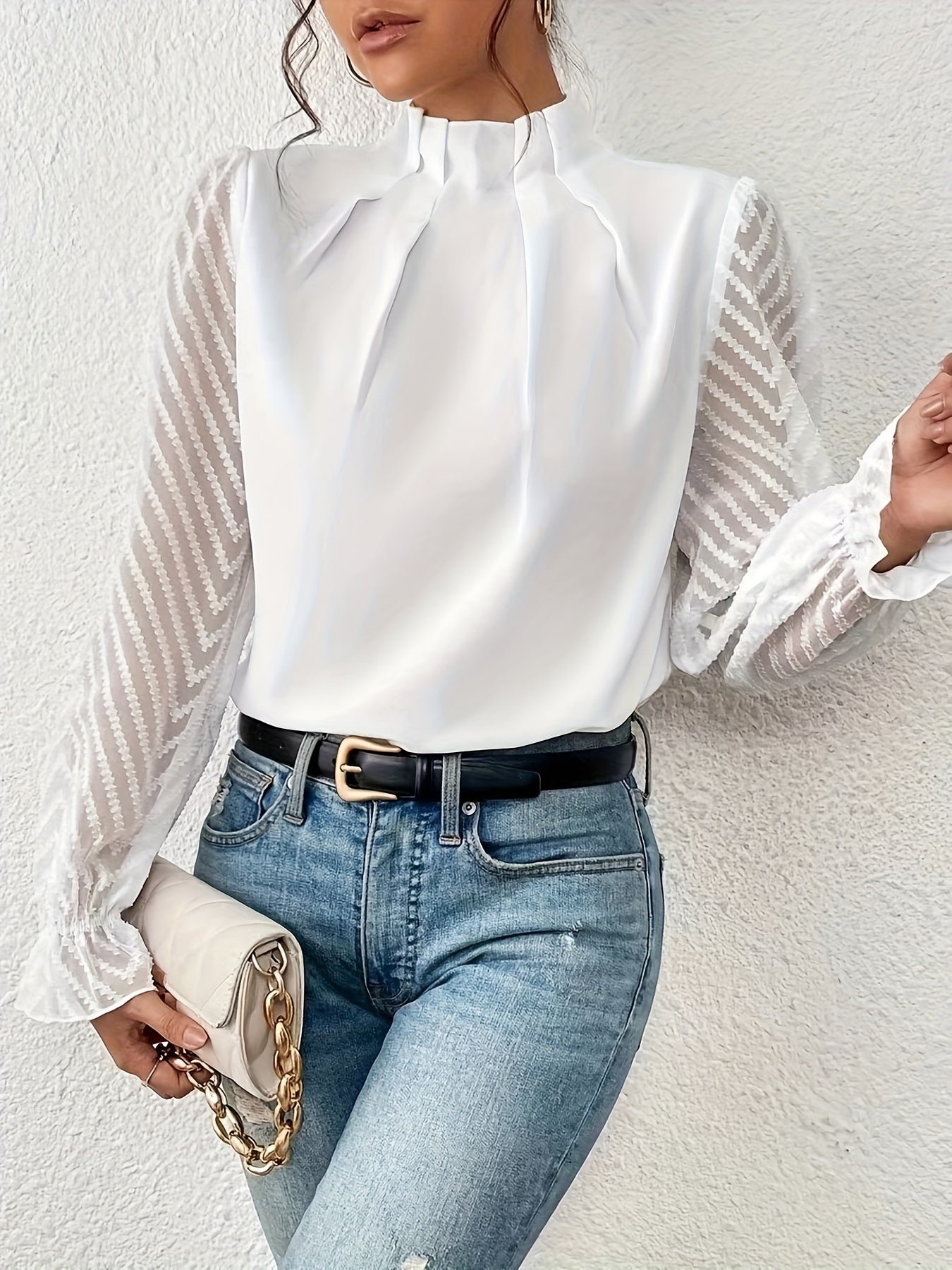 Solid Contrast Mesh Blouse, Elegant Mock Neck Ruched Blouse, Women's Clothing