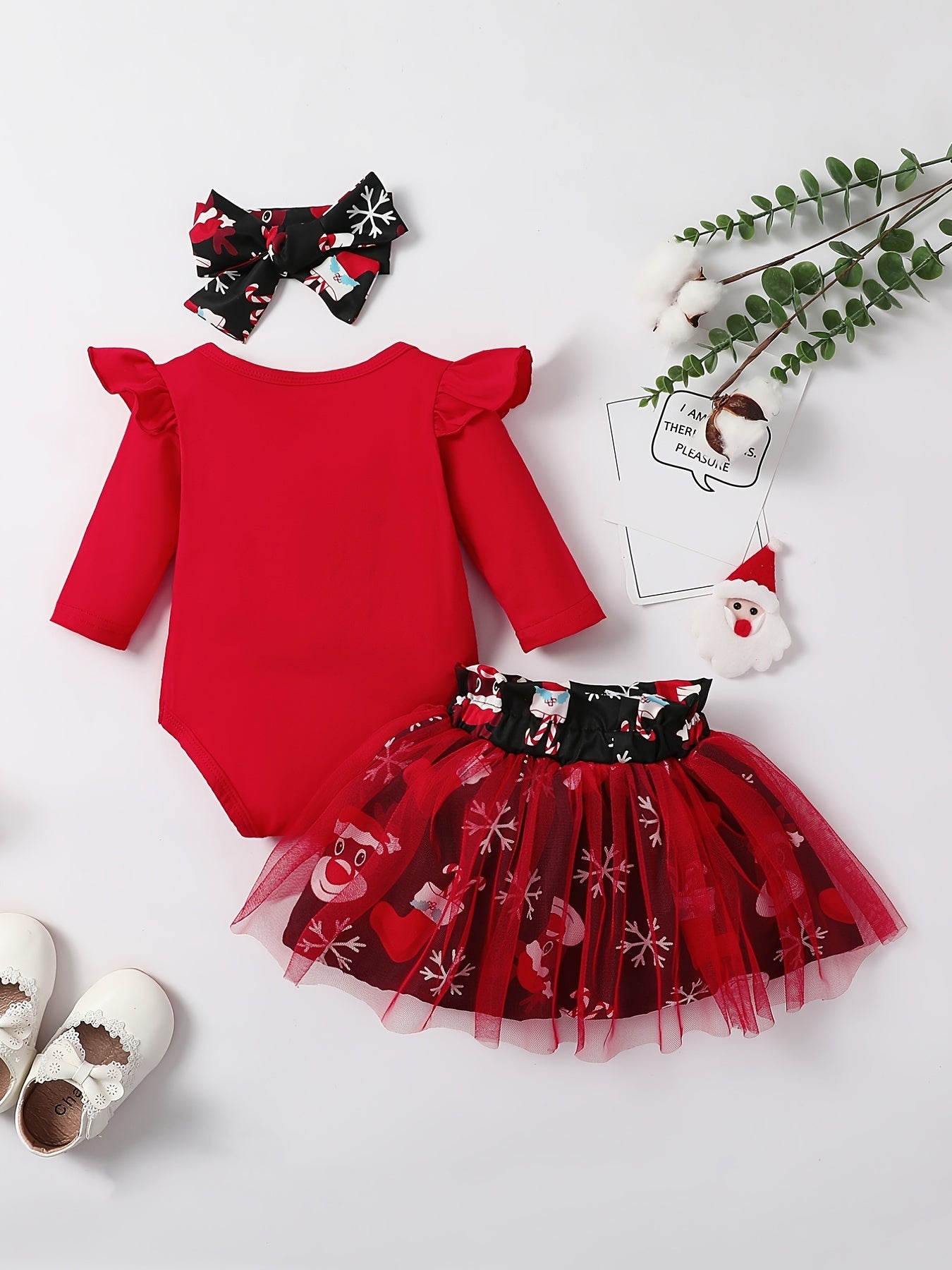 Baby Girls Adorable Christmas Outfit Infant Long Sleeve Romper & Snowman Print Tulle Dresses Set Festival Party Dress Up