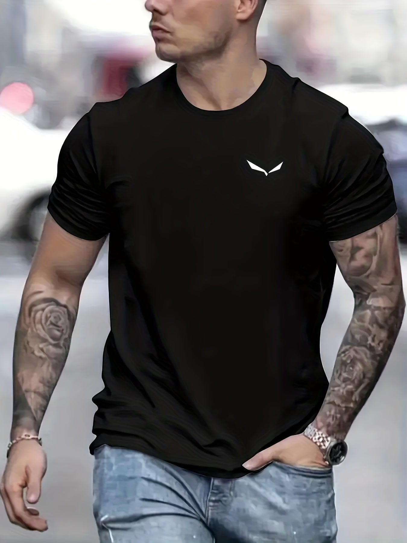 Bird Print T-shirt, Men's Casual Street Style Slightly Stretch Round Neck Tee Shirt For Summer Fall