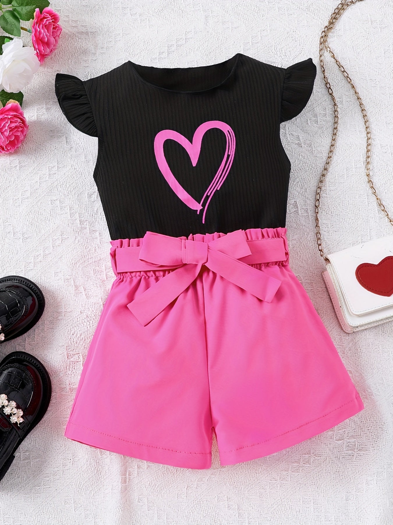 2pcs Girls Going Out Short Suit Heart Graphic Flutter Sleeve Top & Belted Waist Shorts Set Kids Summer Clothes