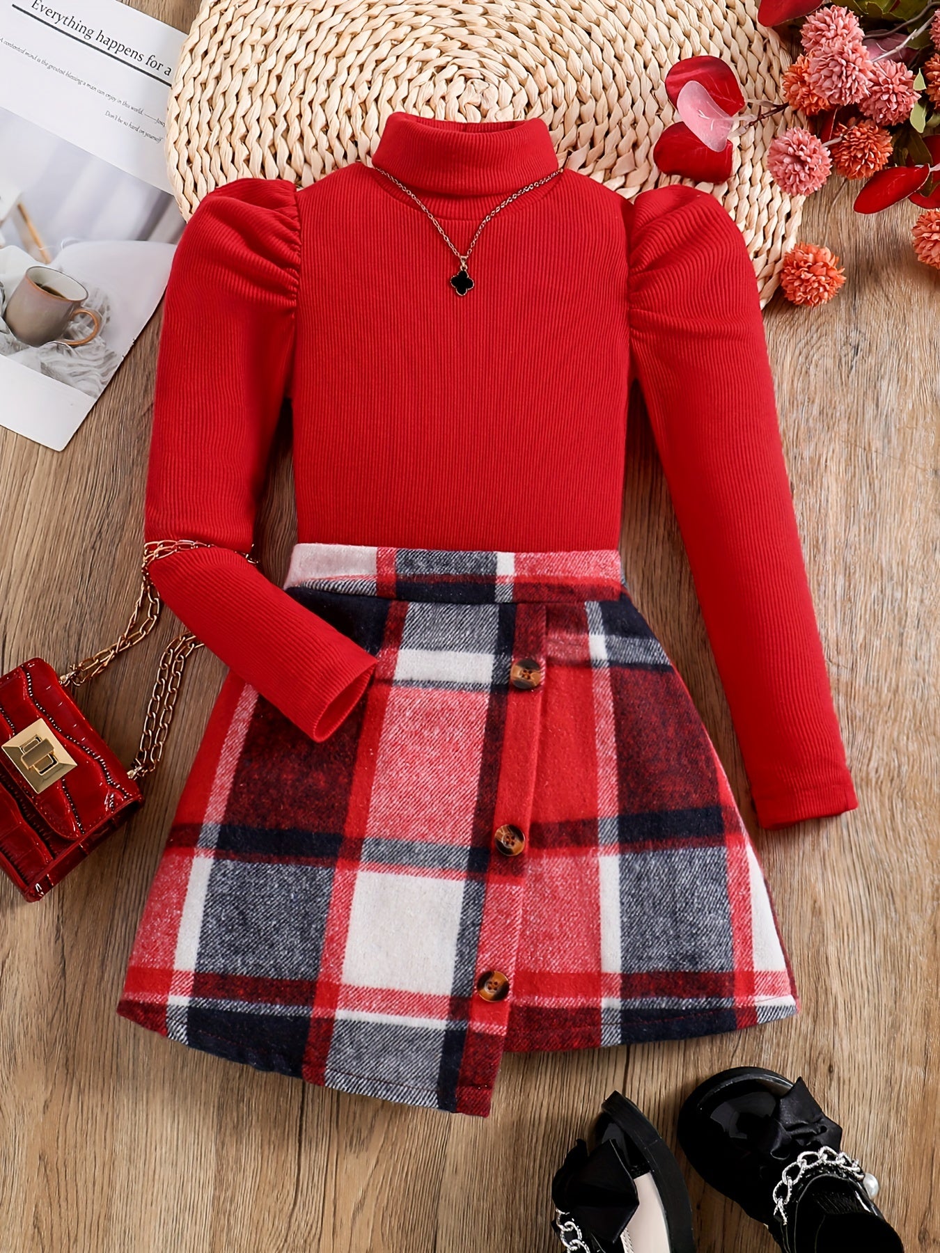 2pcs Girl's Elegant Outfit, Turtleneck Top & Plaid Pattern Skirt Set, Kid's Clothes For Spring Autumn Winter, Gift For New Year