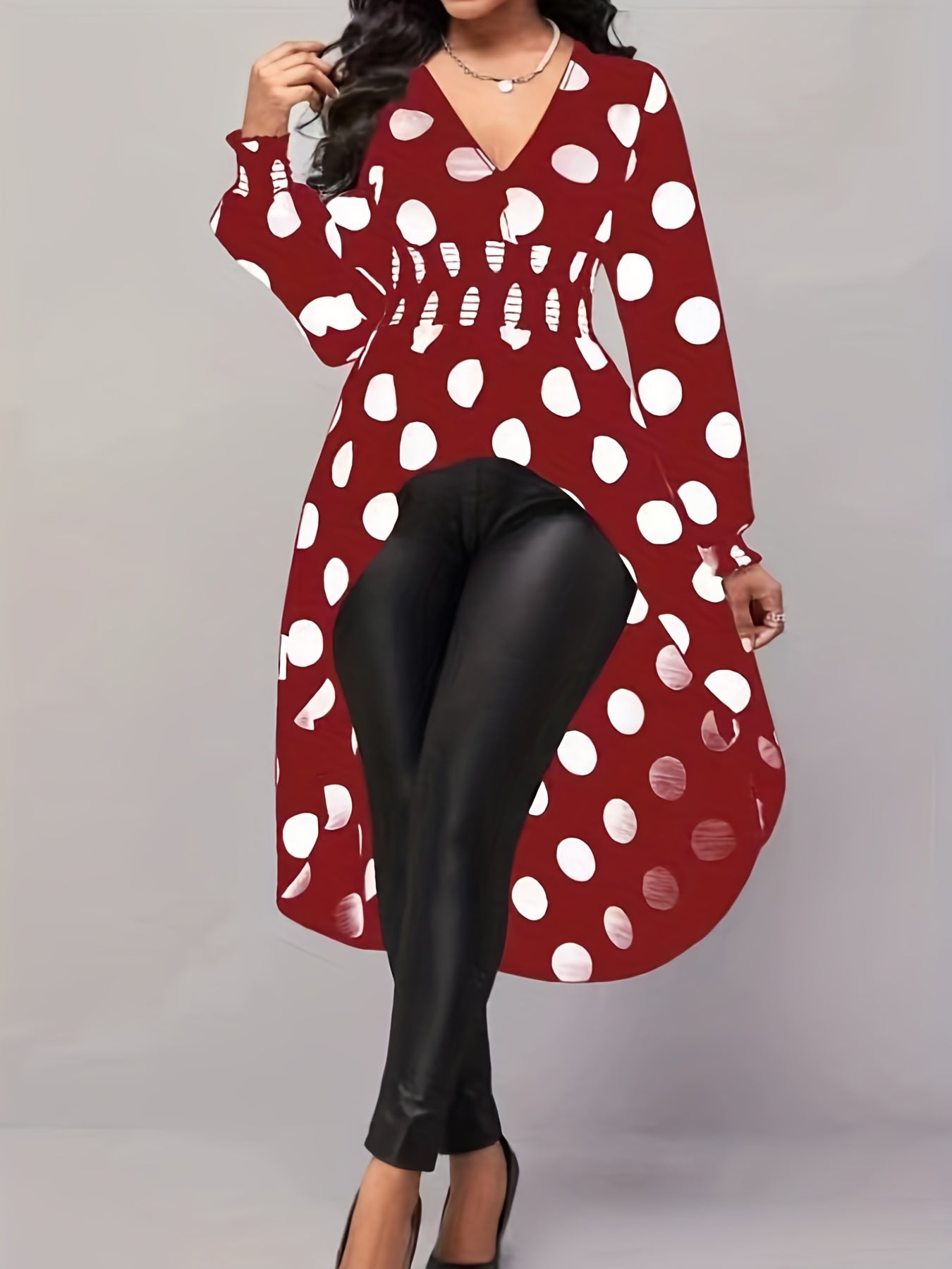 Asymmetrical Polka Dot Blouse, Long Sleeve V-neck Blouse, Casual Every Day Tops, Women's Clothing