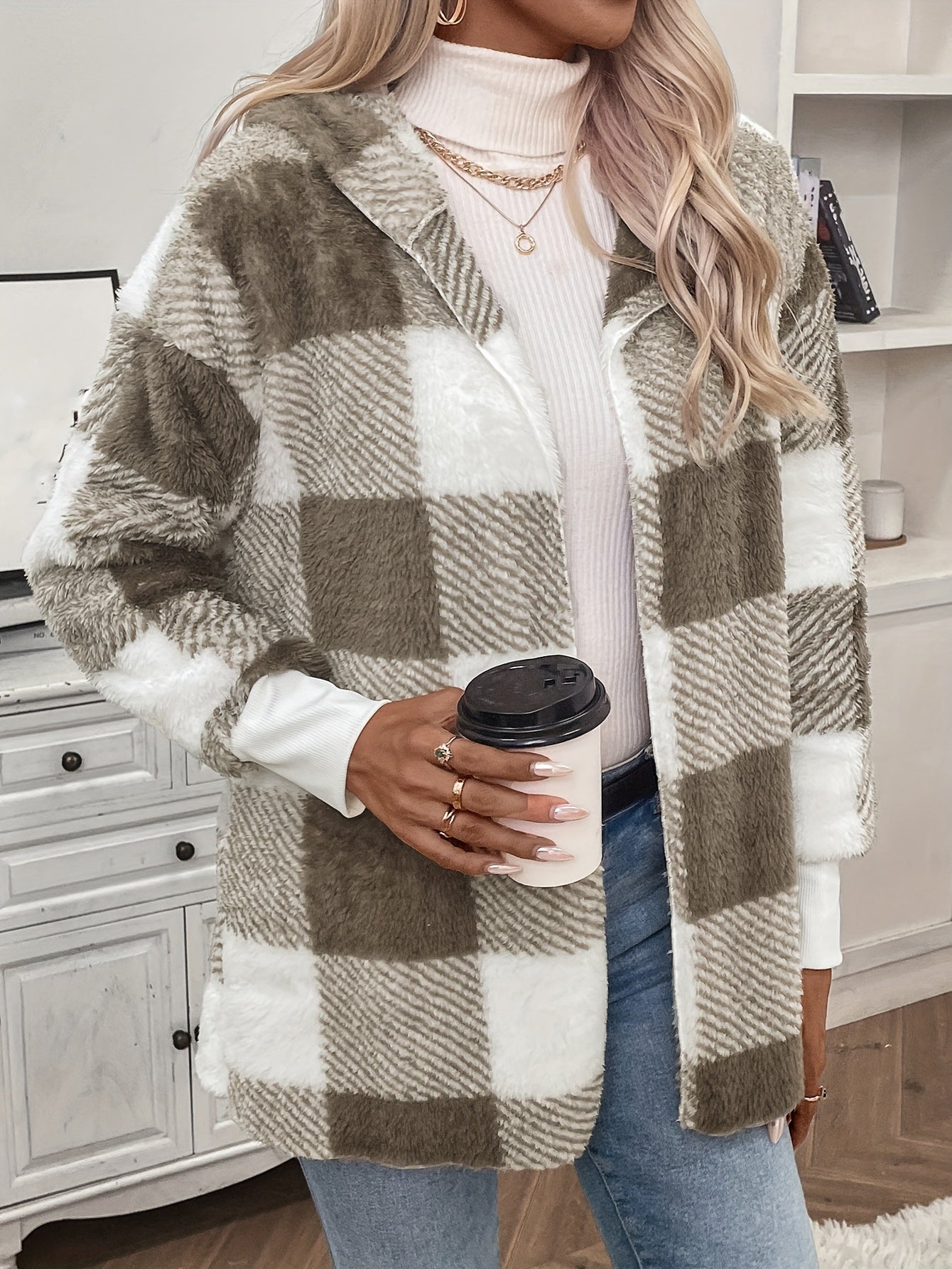 Plaid Hooded Teddy Coat, Casual Open Front Warm Outerwear, Women's Clothing