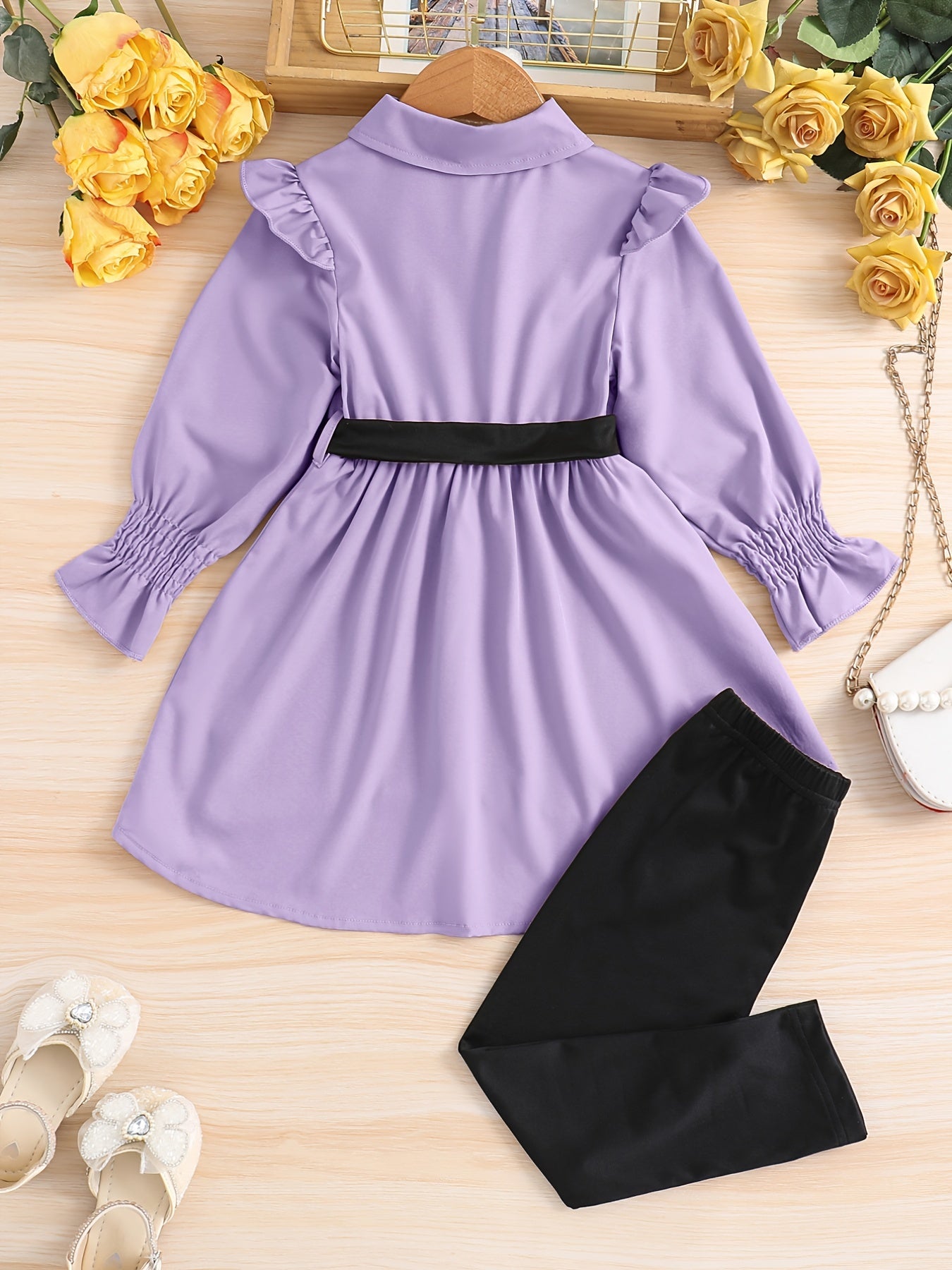 Lapel Long Sleeve Top & Trousers With Belt Girl's Two-piece Set, Spring And Autumn Daily Casual Outwear Clothes