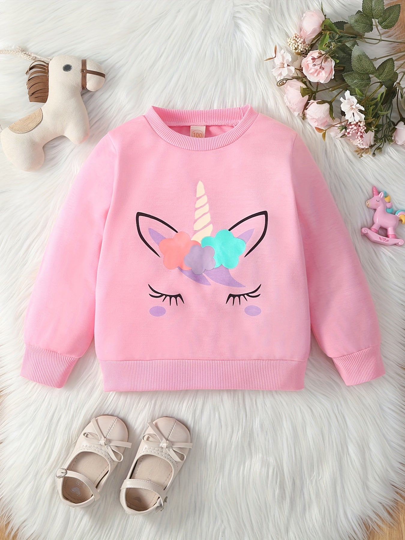 Kid's Cartoon Floral Pattern Sweatshirt, Casual Long Sleeve Top, Toddler Girl's Clothes For Spring Fall