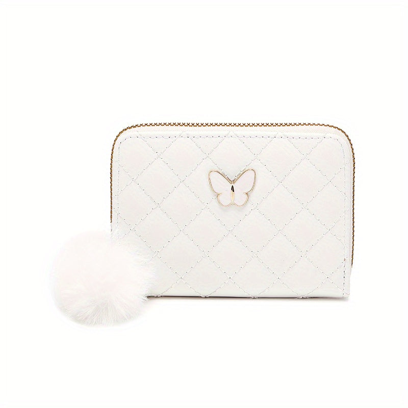 Butterfly Decor Short Wallet, Zipper Around Coin Purse, Quilted Detail Card Holder With Pom Pom