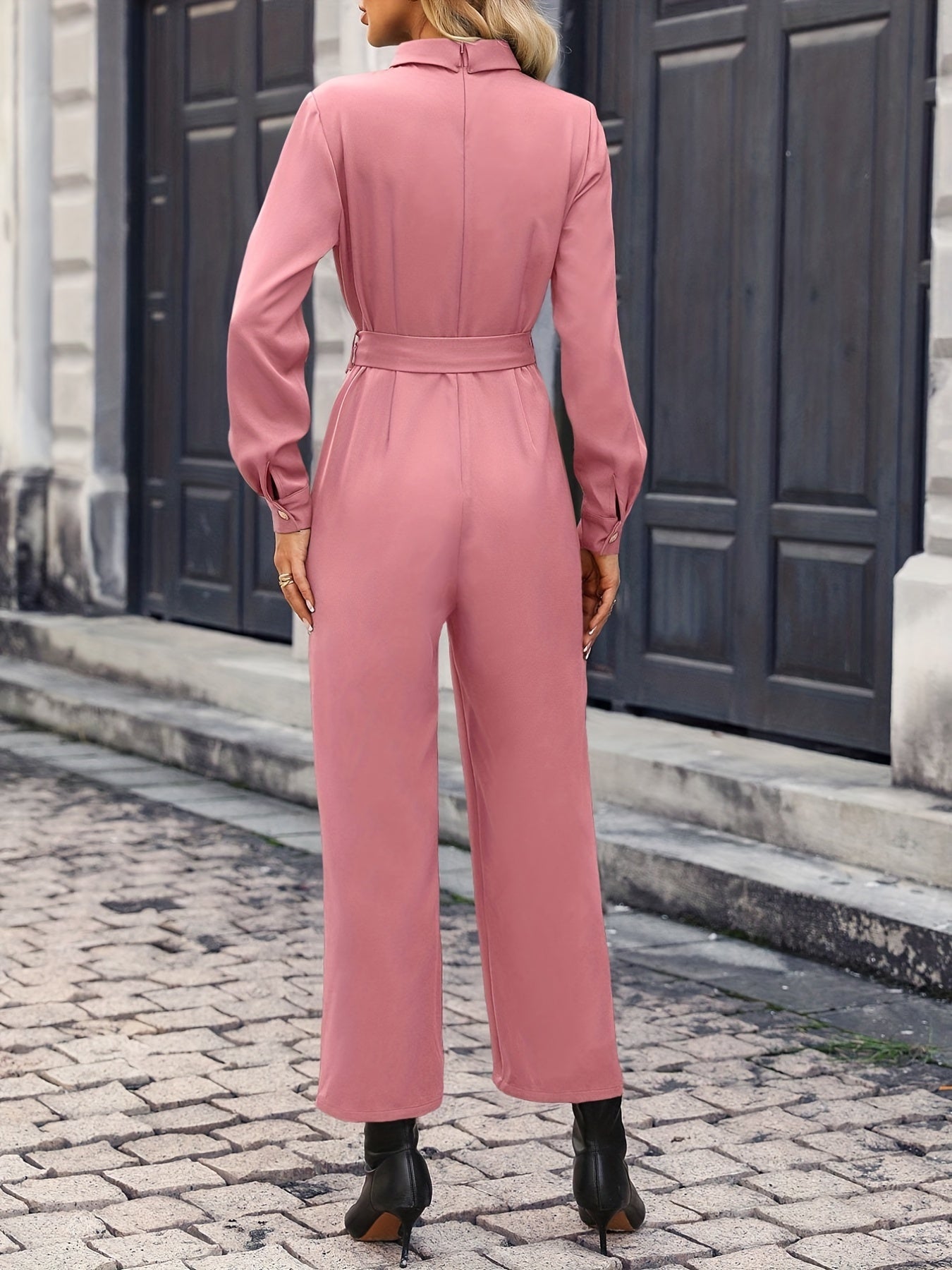 Solid Flat Collar Belted Straight Leg Jumpsuit, Casual Long Sleeve Button Jumpsuit For Spring & Fall, Women's Clothing