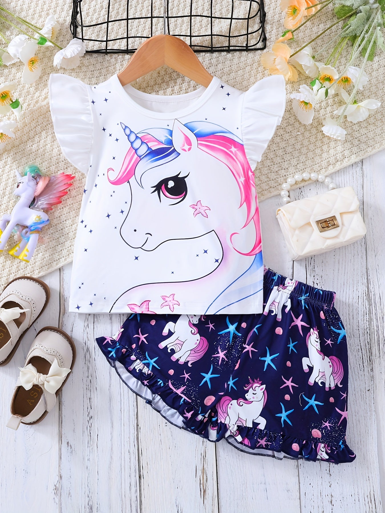 2pcs Girls Ruffle Trim Cute Cartoon Unicorn Graphic T-shirt Top & Ruffled Hem Elastic Waist Shorts Set Kids Summer Clothes