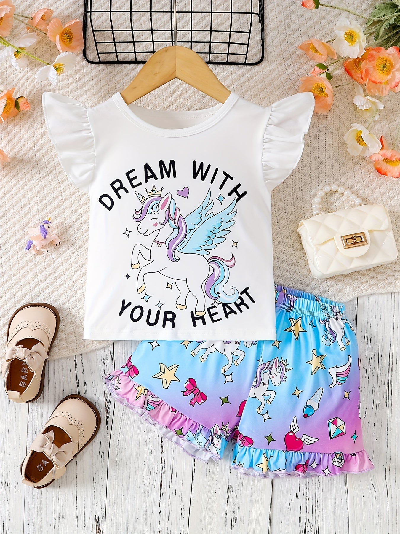 2pcs Girls Ruffle Trim Cute Cartoon Unicorn Graphic T-shirt Top & Ruffled Hem Elastic Waist Shorts Set Kids Summer Clothes