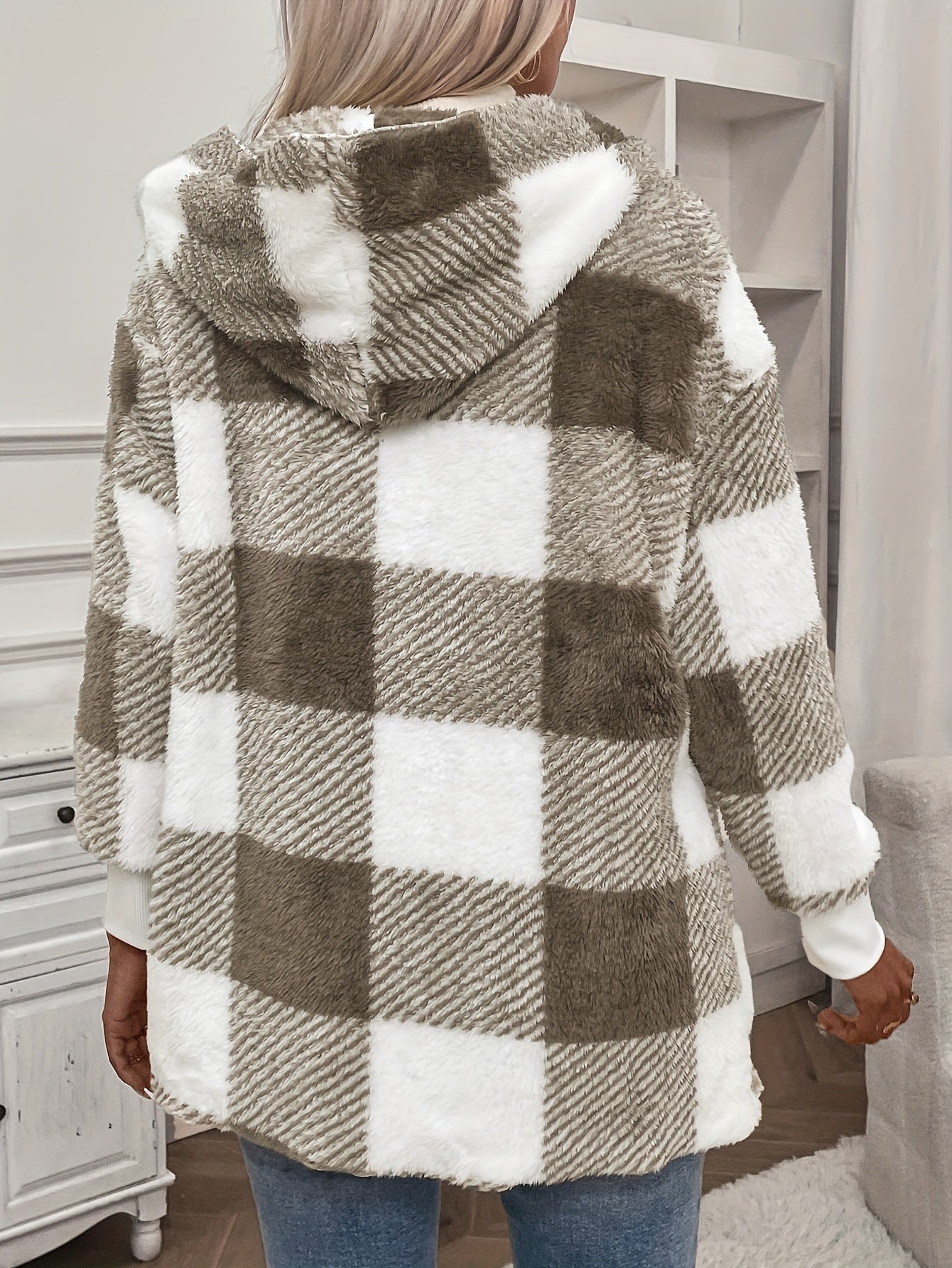 Plaid Hooded Teddy Coat, Casual Open Front Warm Outerwear, Women's Clothing