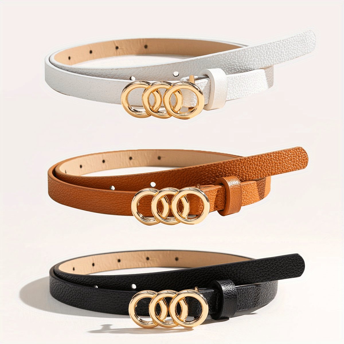 3pcs/set Lychee Embossed Belt Solid Color Triple O-Ring Buckle Belt Trendy Jeans Pants Waist Belts Classic Girdle For Women