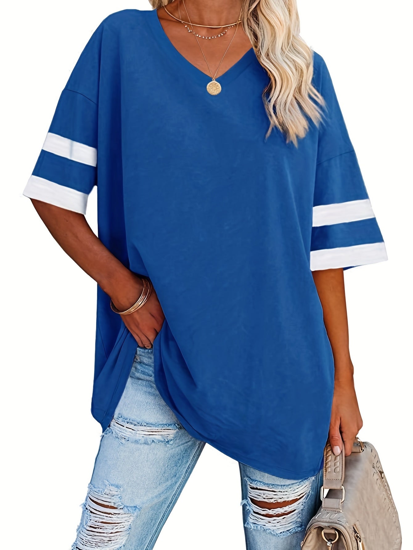 Plus Size Casual T-shirt, Women's Plus Colorblock Drop Shoulder Short Sleeve V Neck Slight Stretch Oversized T-shirt