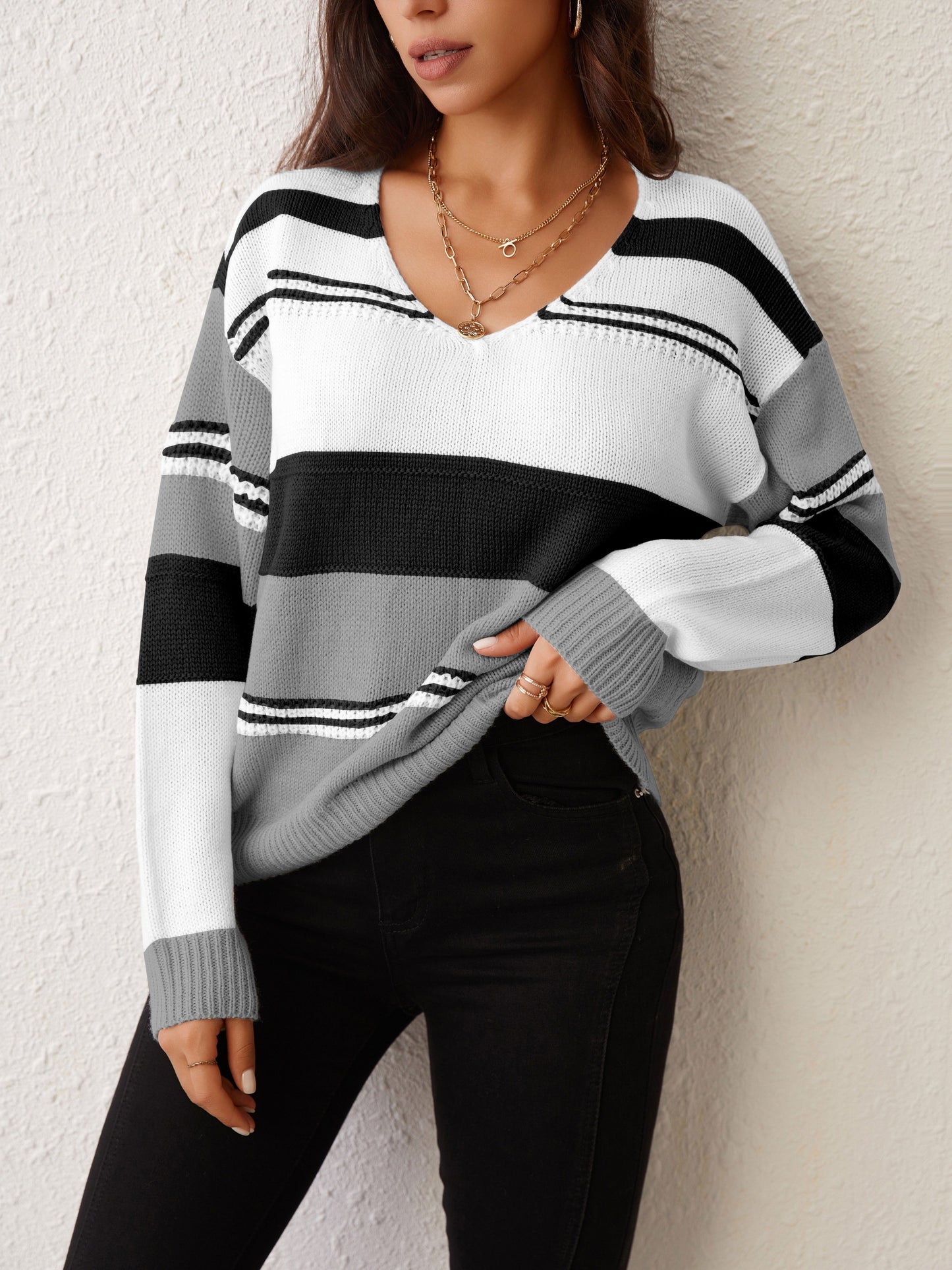 Color Block V Neck Pullover Sweater, Casual Long Sleeve Comfy Sweater, Women's Clothing