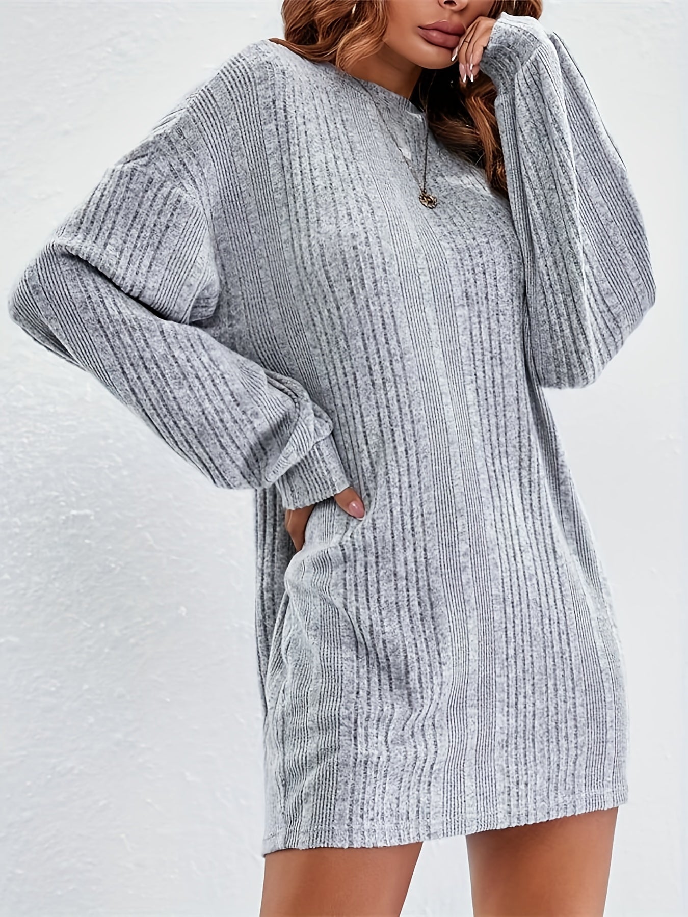 Plus Size Casual Dress, Women's Plus Solid Ribbed Drop Shoulder Long Sleeve Round Neck Shift Dress