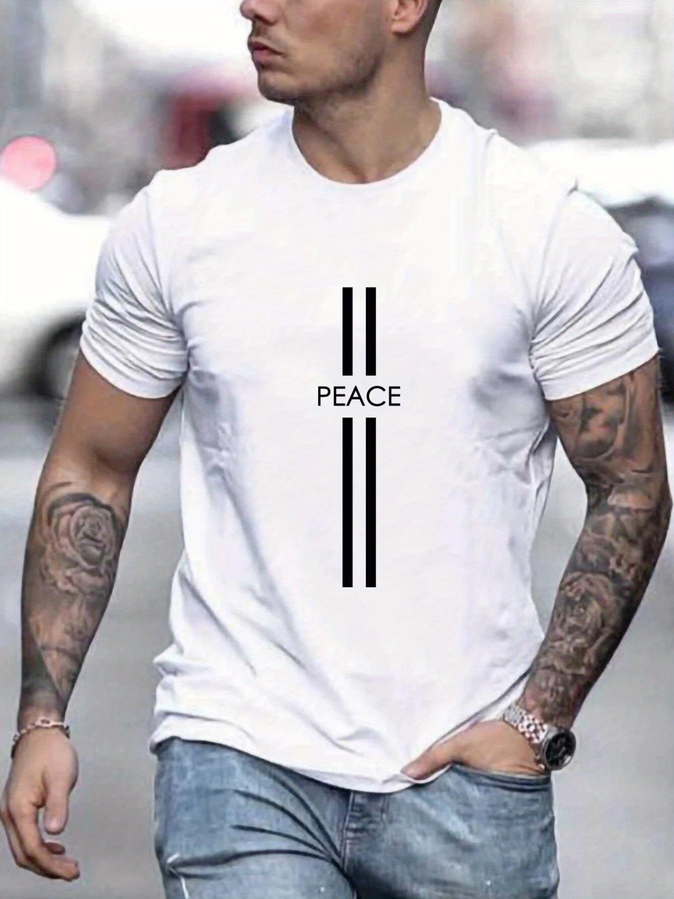 PEACE Men's Summer Round Neck, Men's Short-sleeve T-shirt, Casual Wear, Men's Clothing