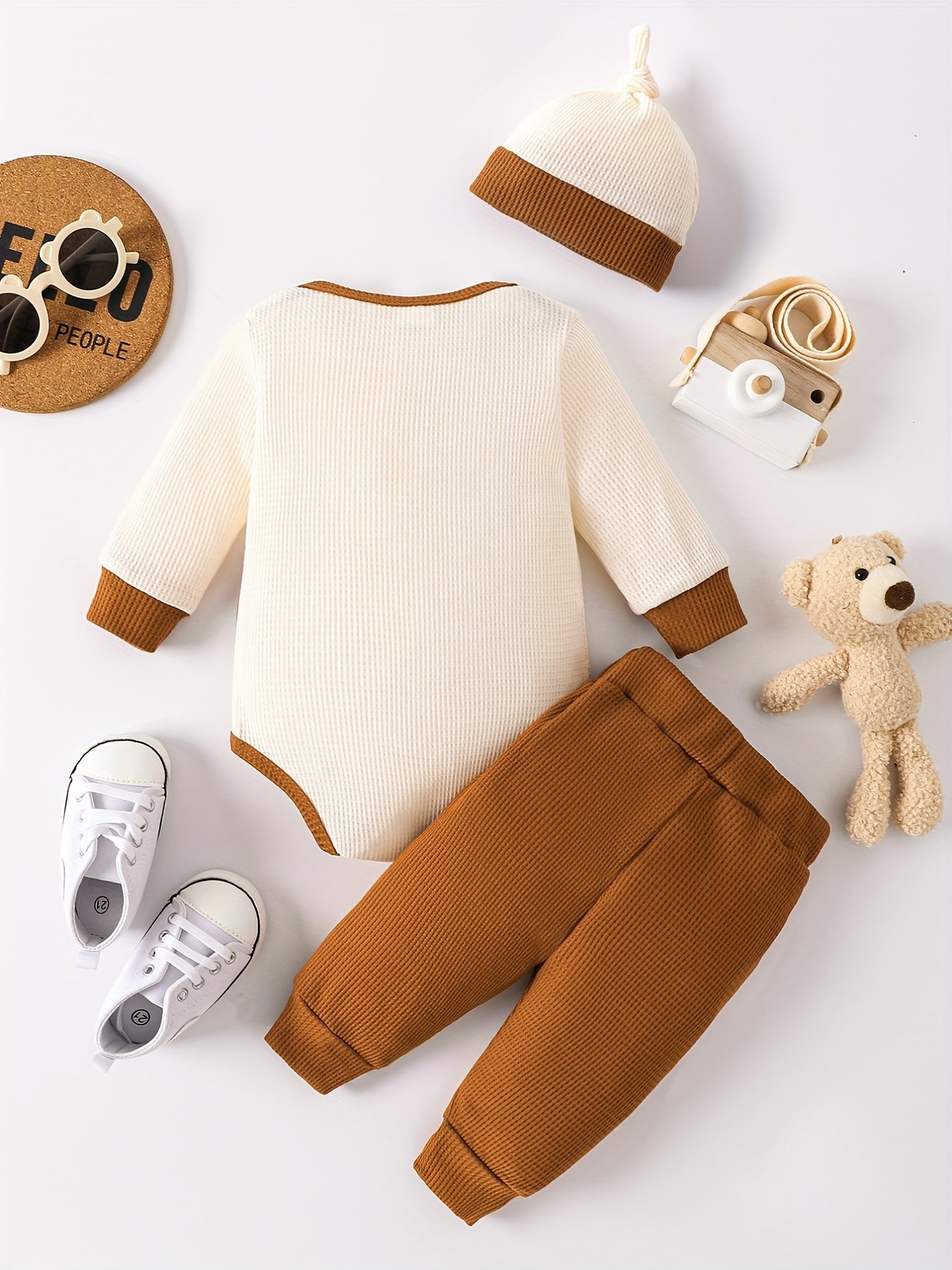 Waffle Bear Embroidery Cute Outfit Toddler Baby Boys Clothes Long Sleeve Triangle Romper +Casual Trousers + Hat Set For Fall Winter