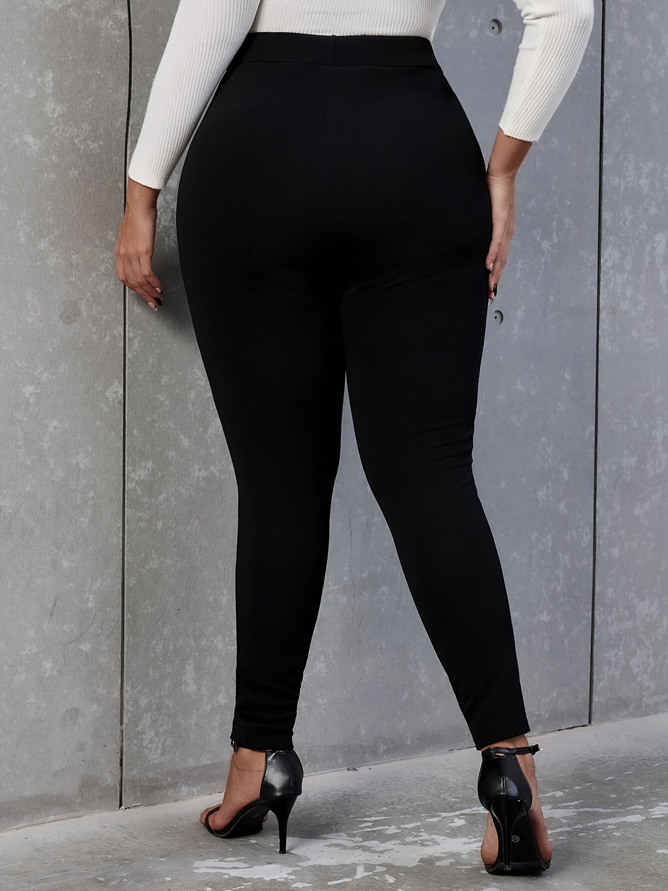 Plus Size High Rise Double Breast Decor Skinny Pants, Women's Plus Solid High Stretch Elegant Skinny Pants