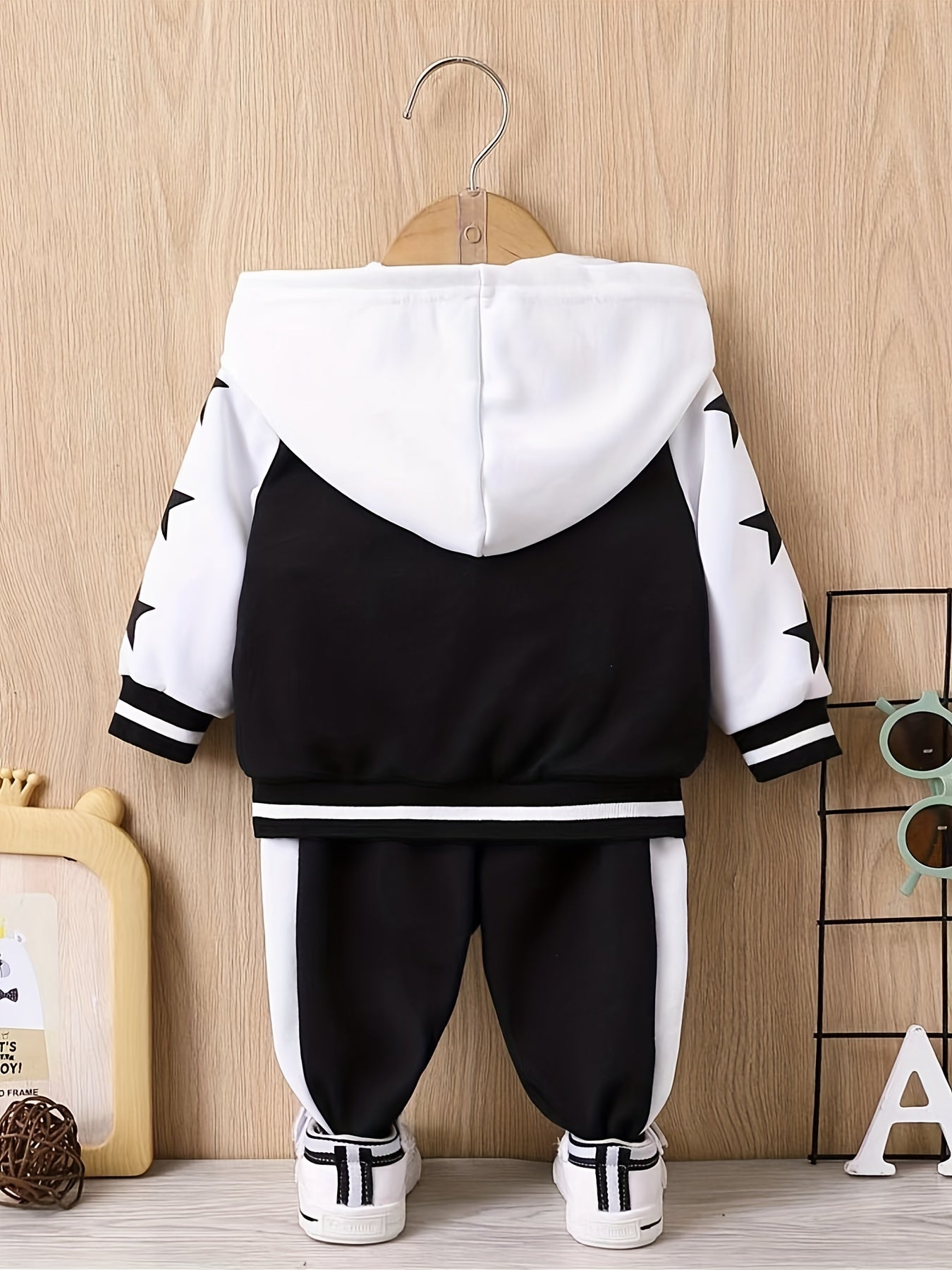 Toddler Baby Trendy A Sign Graphic Color Block Outfits, Warm Hooded Baseball Jacket Coat Pants Casual Set