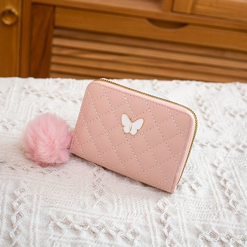 Butterfly Decor Short Wallet, Zipper Around Coin Purse, Quilted Detail Card Holder With Pom Pom