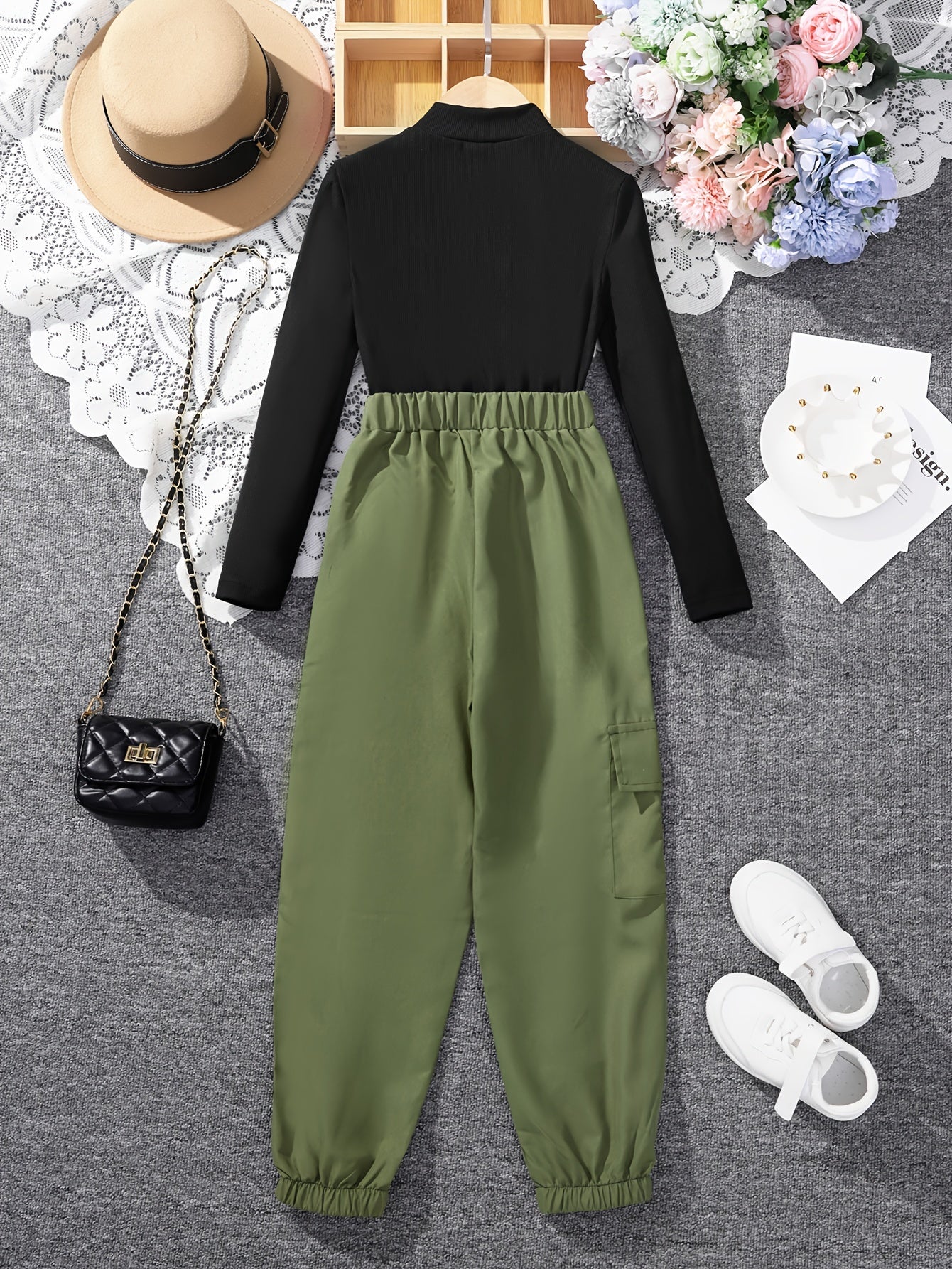 Girl's Chic Outfit 2pcs, Mock Neck Top & Cargo Pants Set, Kid's Clothes For Spring Fall