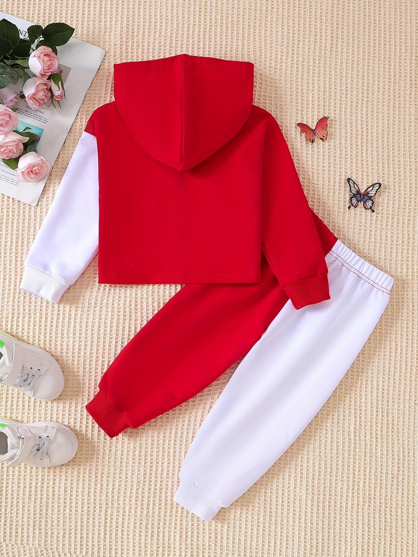 Baby Girls Stylish Color Block Butterfly Print Hooded Sweatshirt Set Hoodie Pants 2pcs Outfits Trendy Street Wear