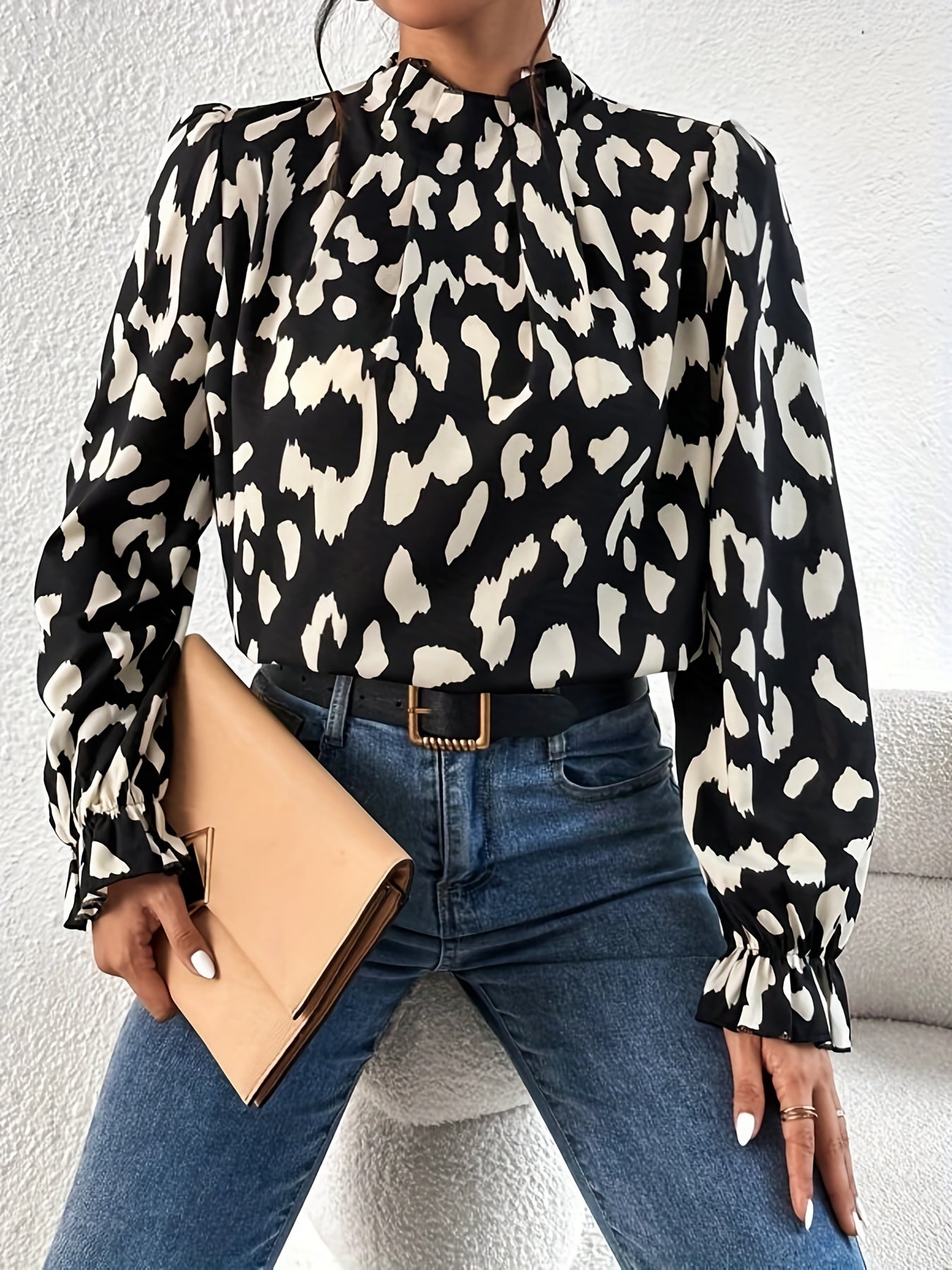 Leopard Print Keyhole Blouse, Casual High Neck Long Sleeve Blouse, Women's Clothing